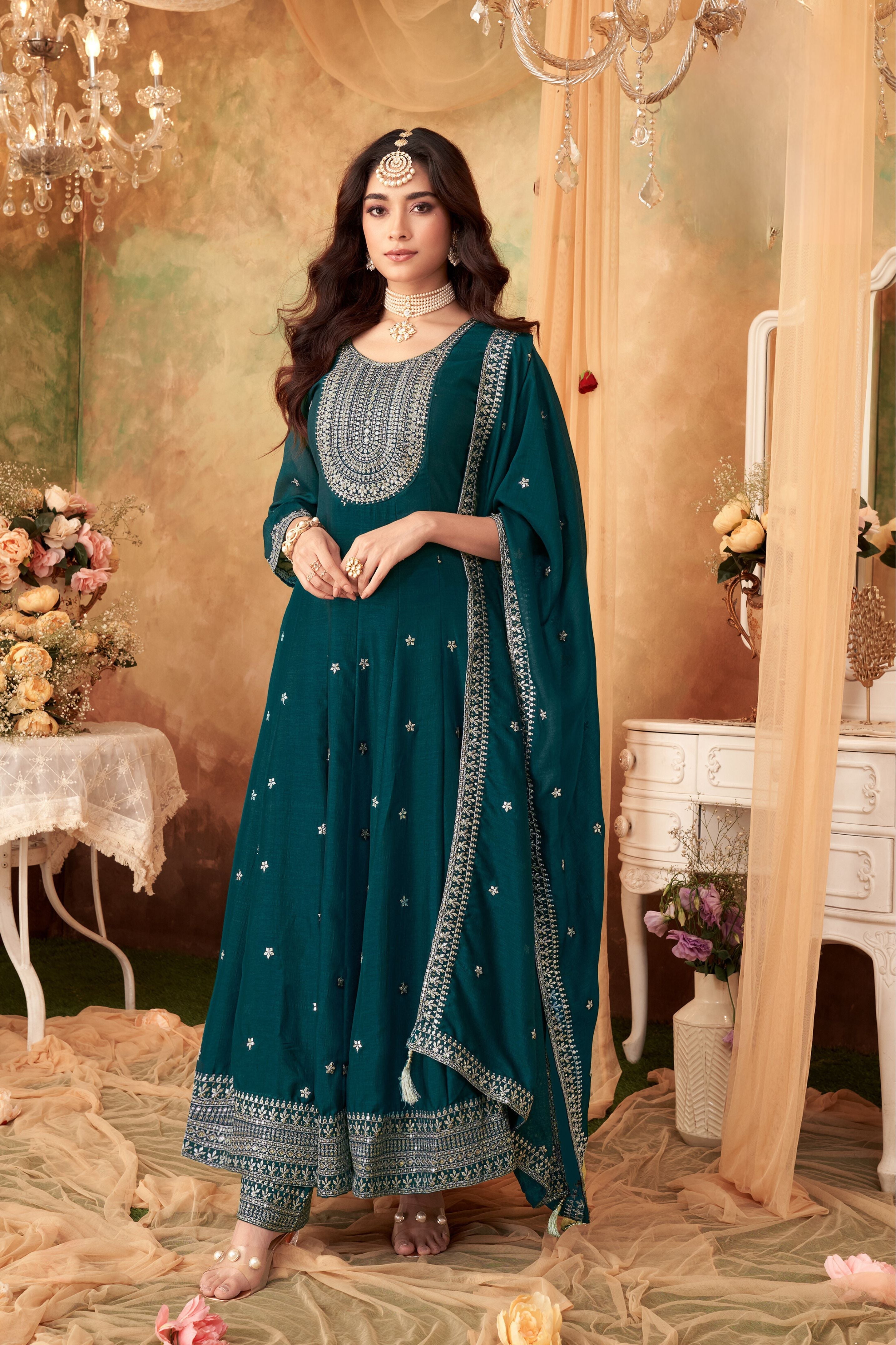 Teal Green Embellished Belgium Silk Anarkali Set