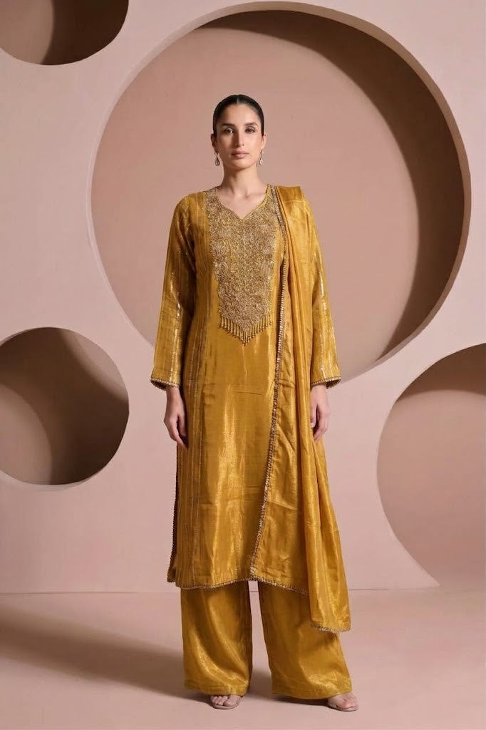 Golden Yellow Embellished Shimmer Silk Pant Set