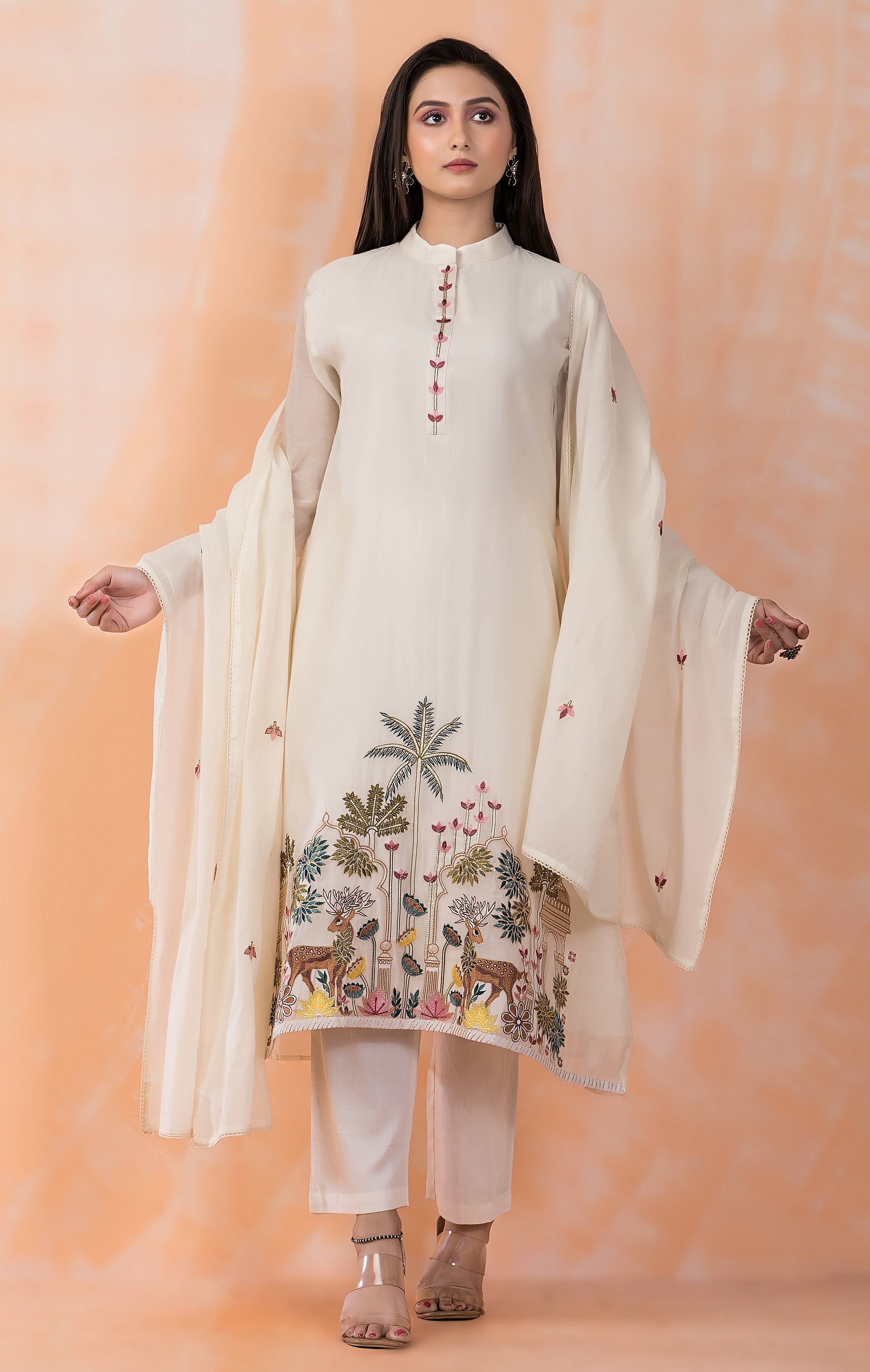 Tropical Fauna Embroidered Mul Chanderi Silk Pant Set