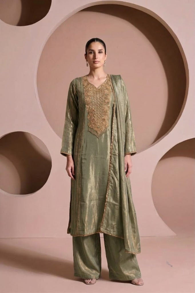 Sage Metallic Embellished Shimmer Silk Pant Set