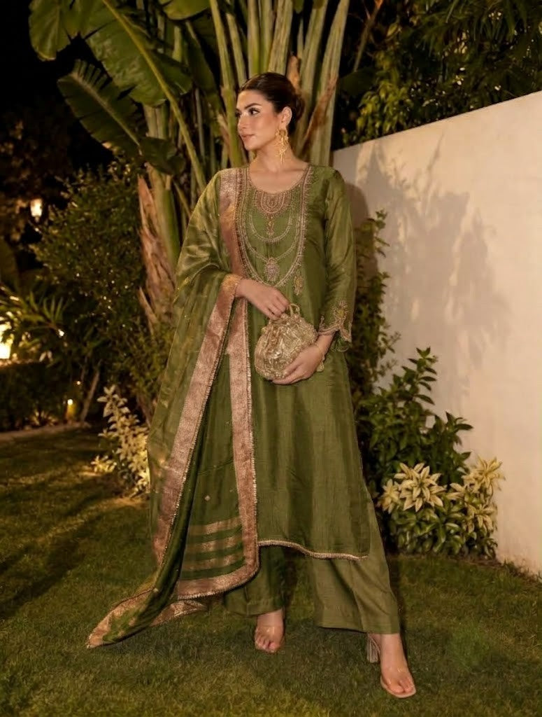 Olive Green Embellished Shimmer Tissue Silk Pant Set