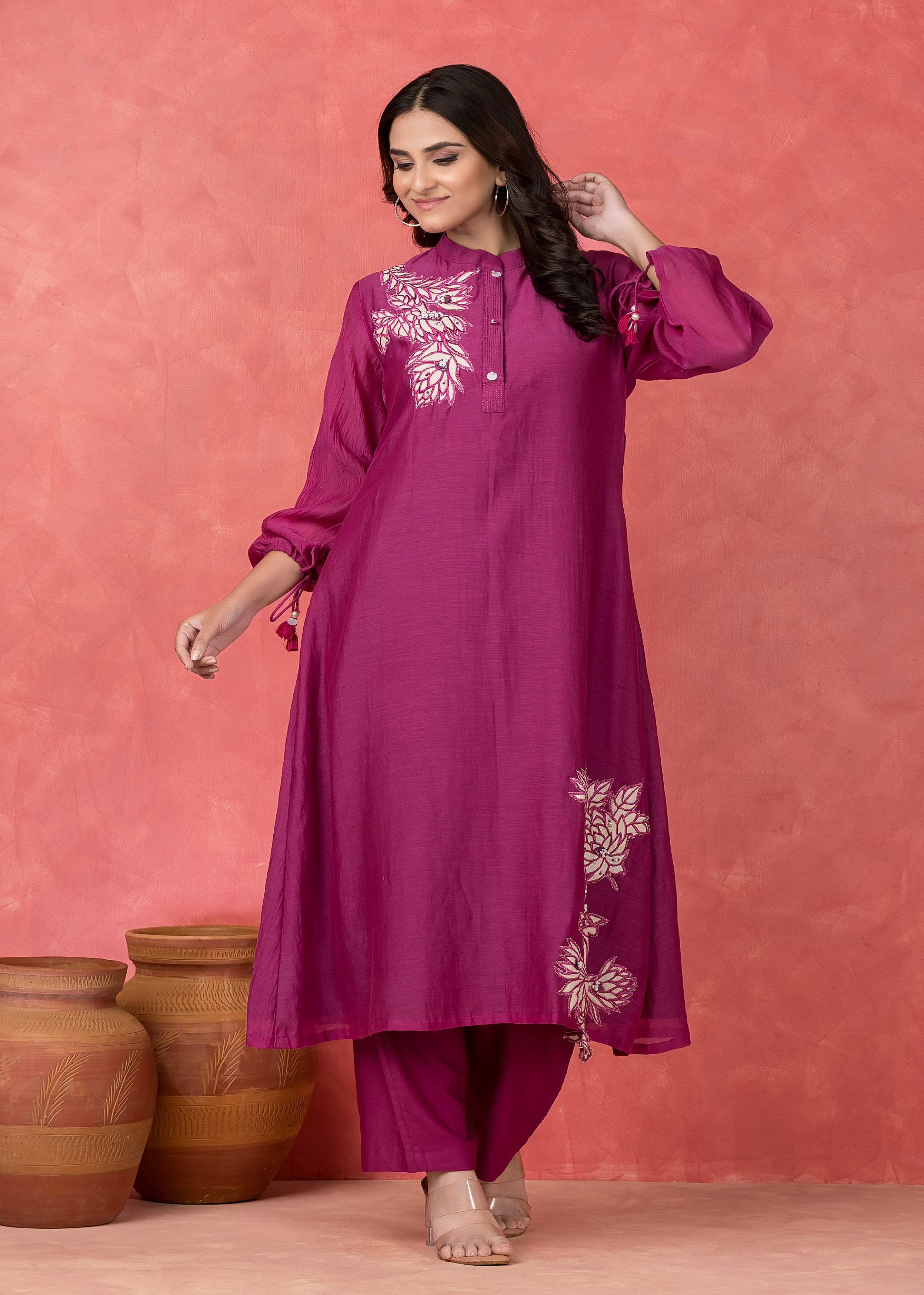 Rouge Pink Embroidered Mul Chanderi Kurta Set