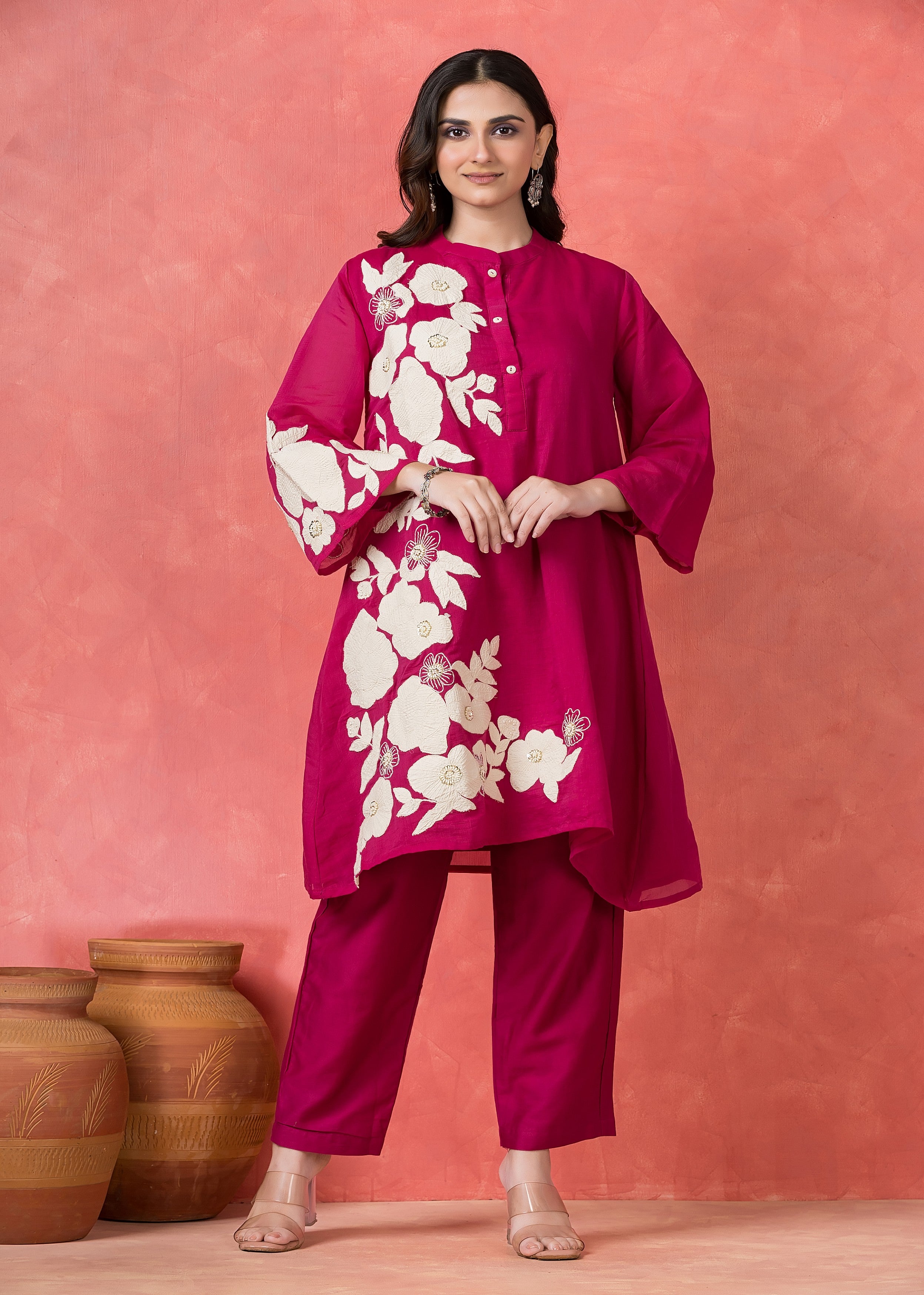 Dark Hot Pink Embroidered Mul Chanderi Co-Ord Set