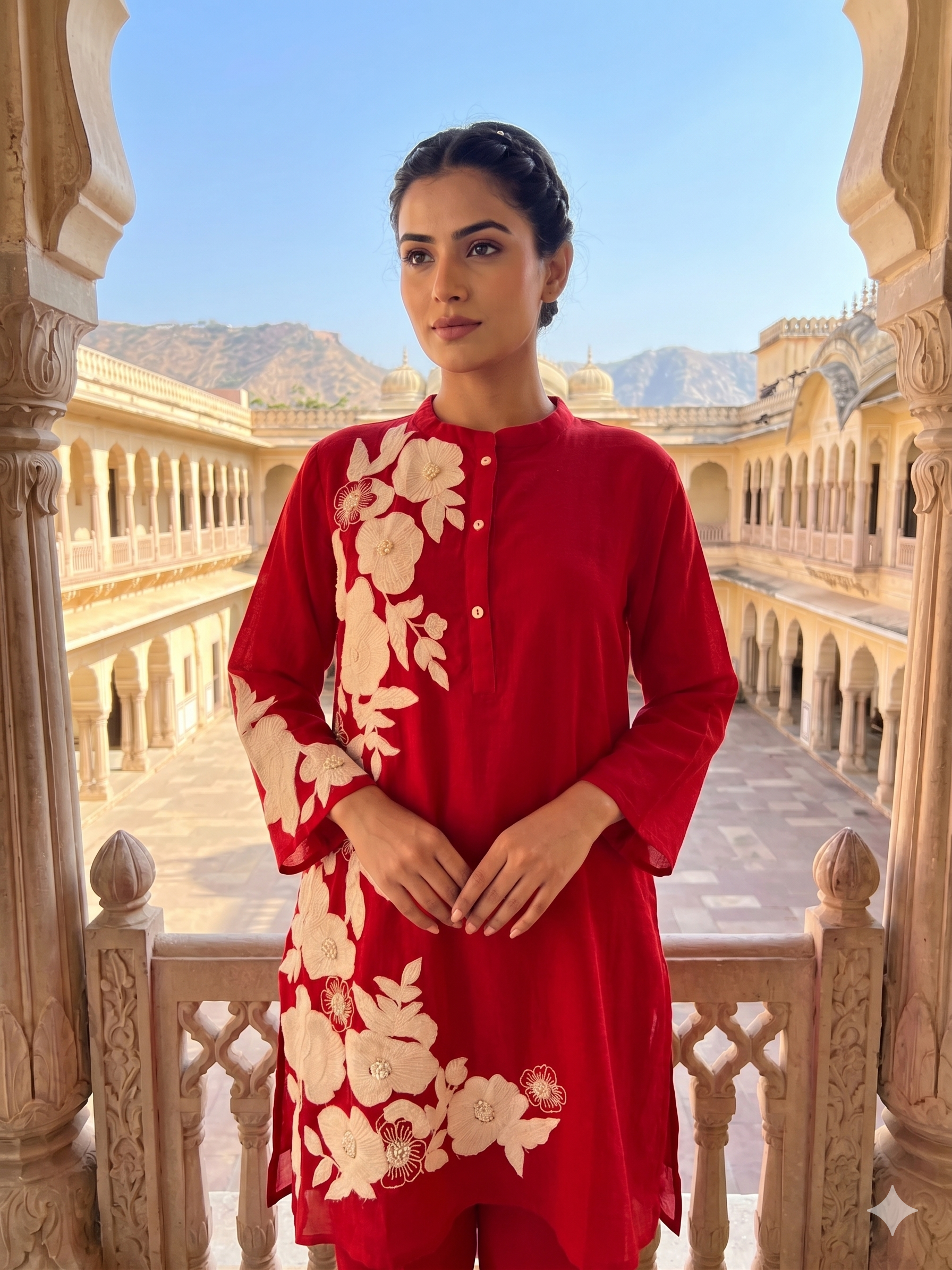 Crimson Floral Embroidered Mul-Cotton Kurta Set