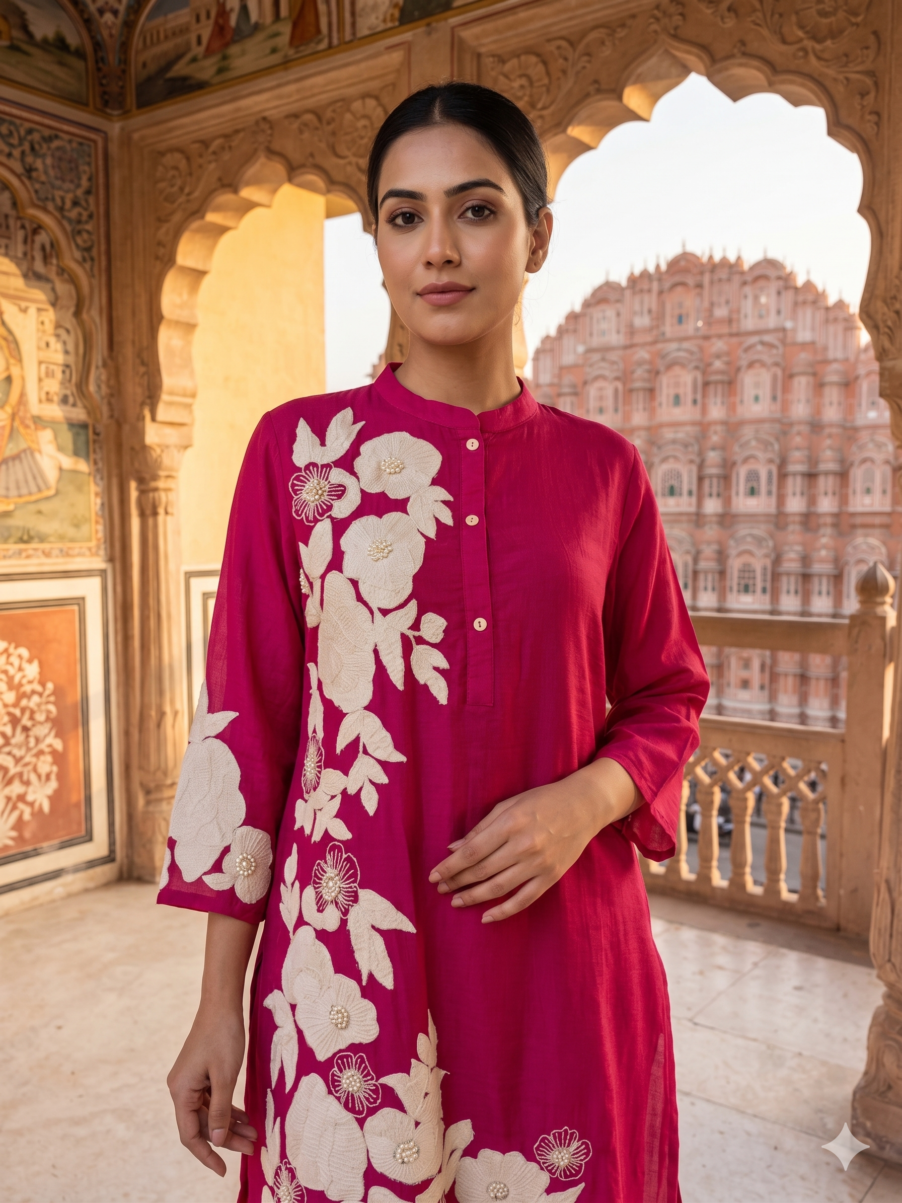 Fuchsia Floral Embroidered Mul-Cotton Kurta Set