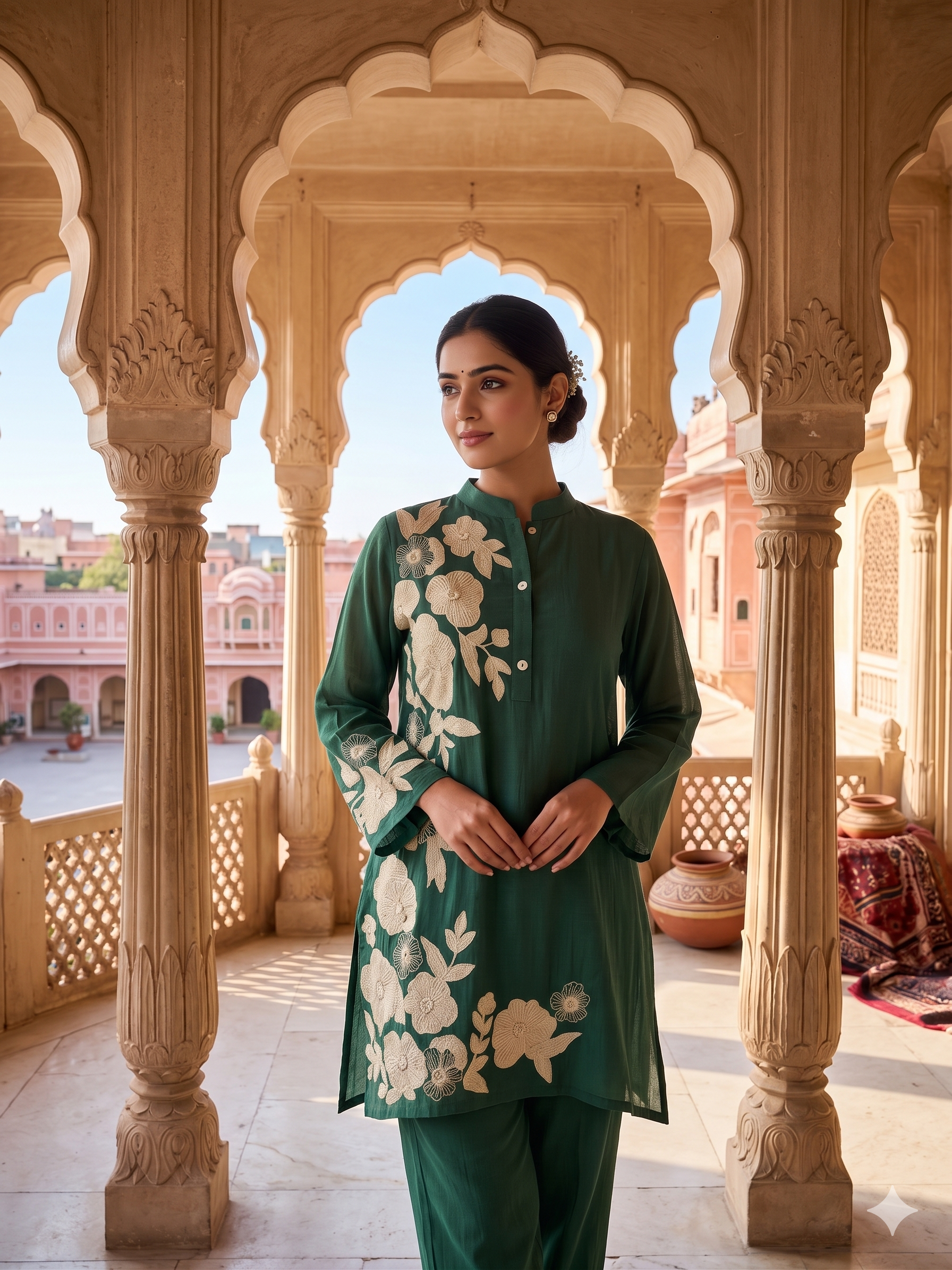 Emerald Floral Embroidered Mul-Cotton Kurta Set