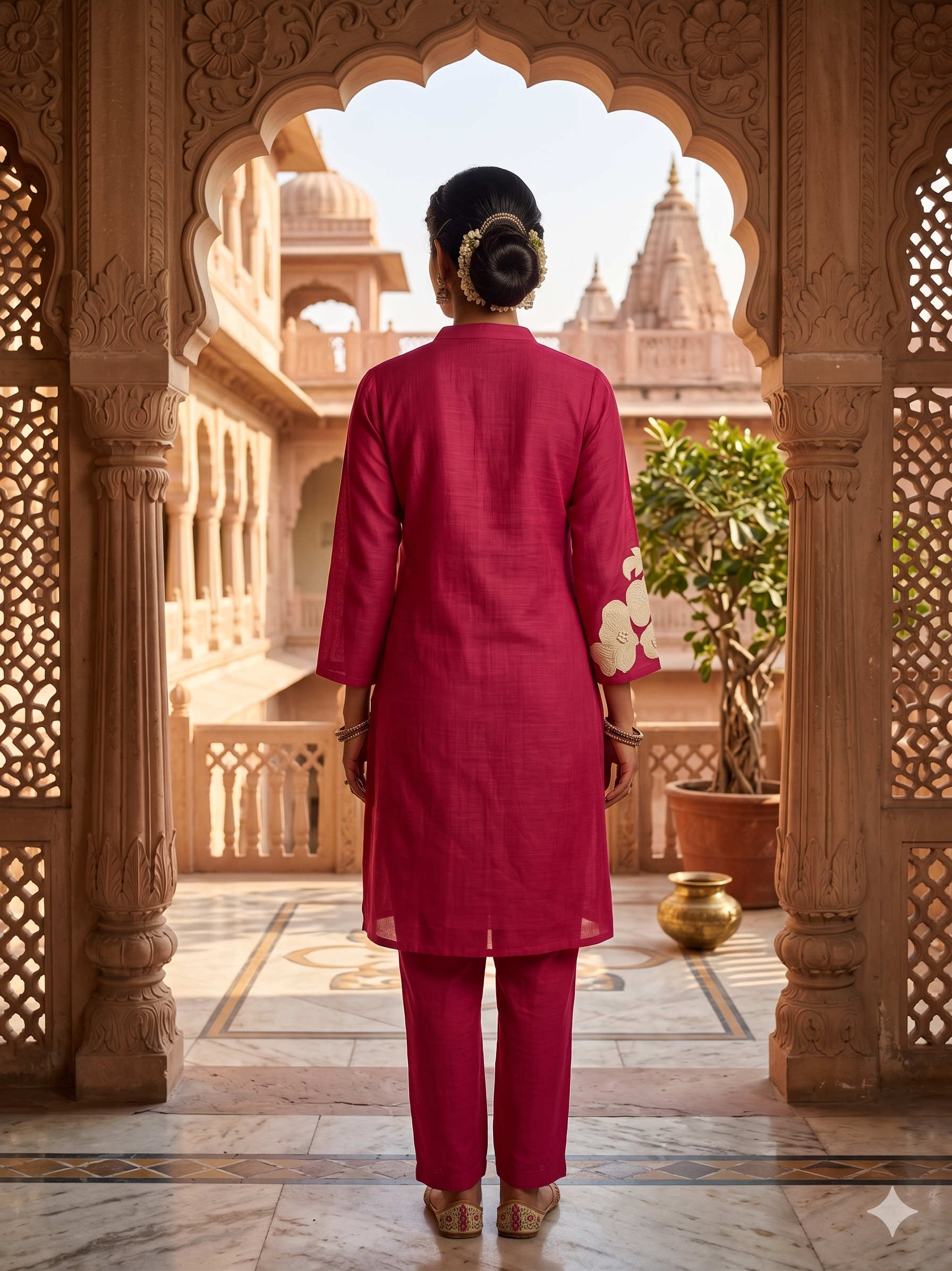 Fuchsia Floral Embroidered Mul-Cotton Kurta Set