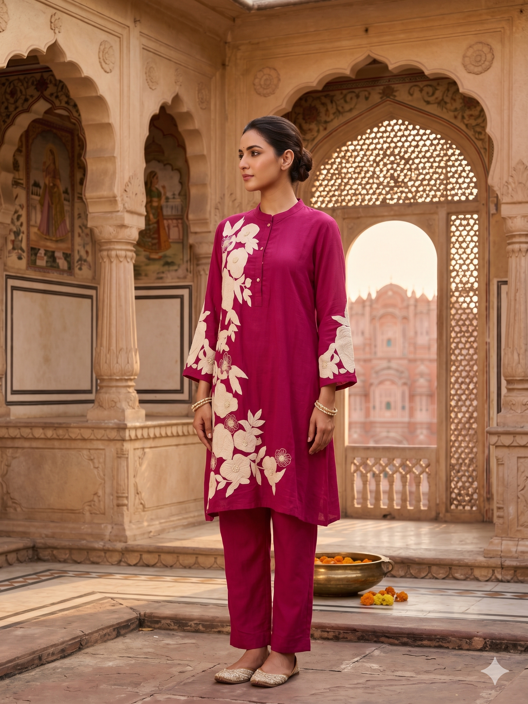 Fuchsia Floral Embroidered Mul-Cotton Kurta Set