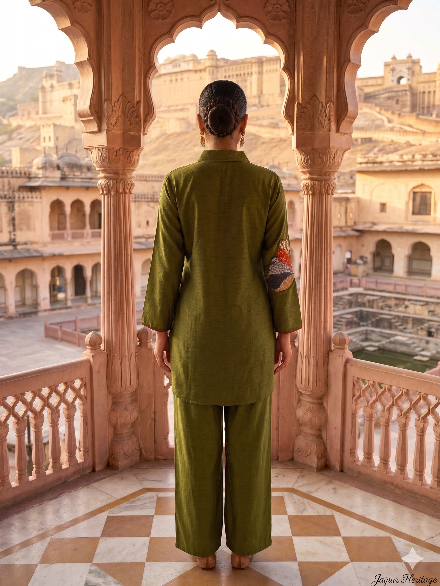 Olive Medallion Embroidered Dola Silk Kurta Set