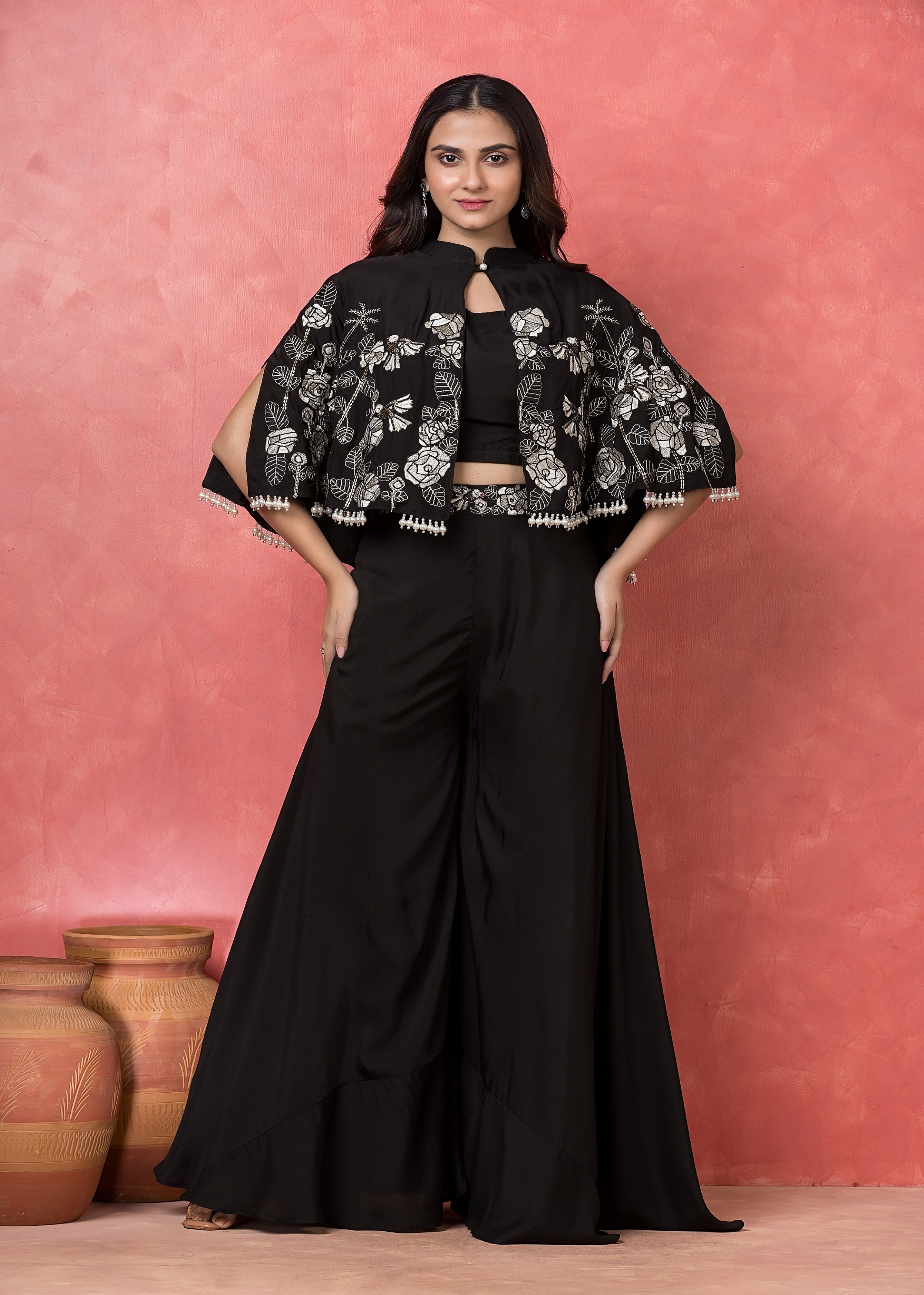 Midnight Black Embroidered Muslin Silk Cape Set
