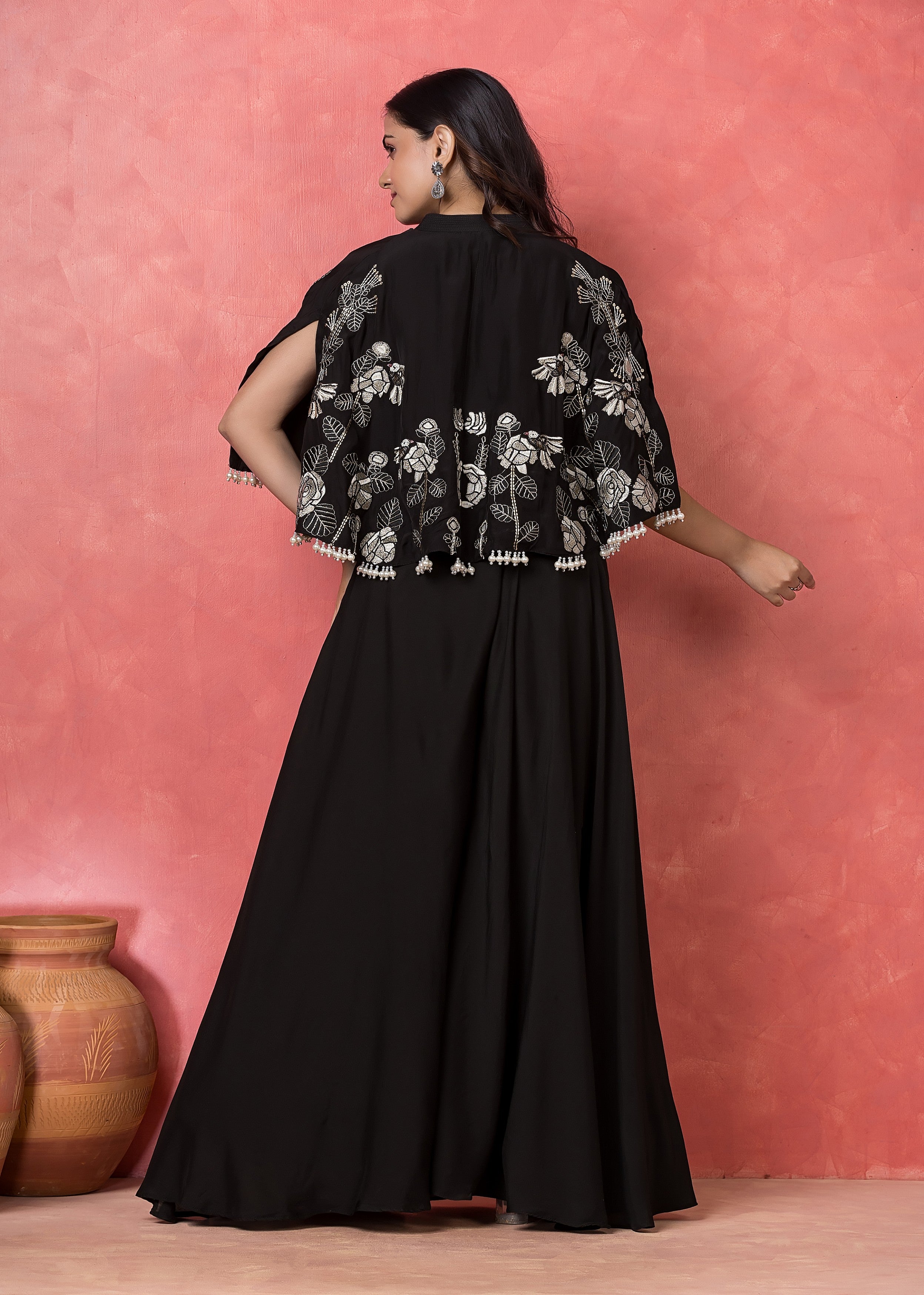 Midnight Black Embroidered Muslin Silk Cape Set
