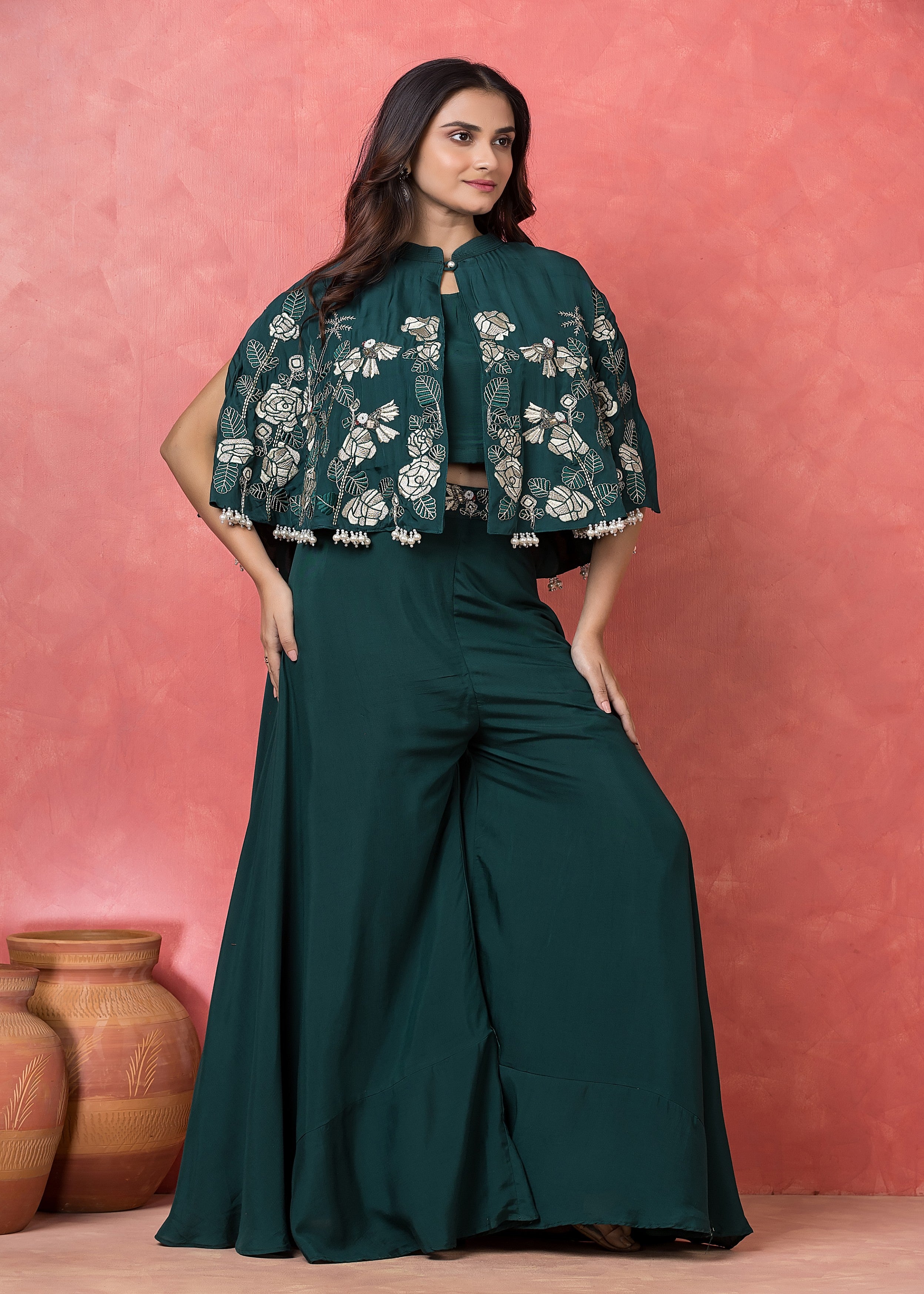 Emerald Green Embroidered Muslin Silk Cape Set