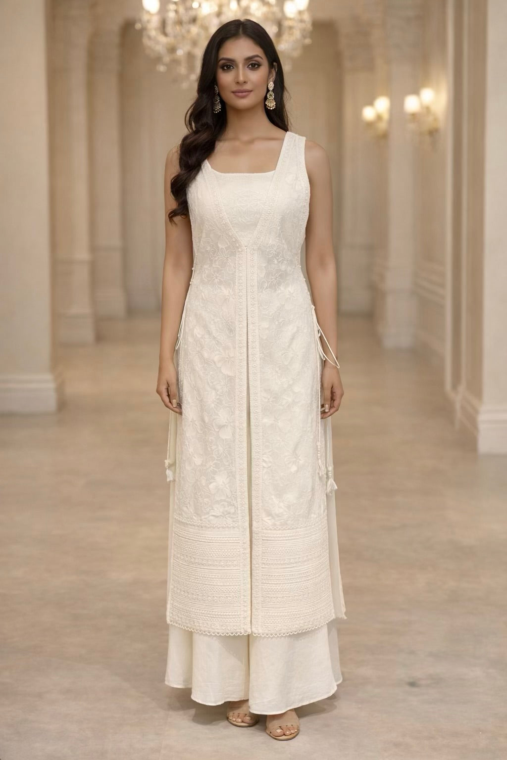 Off-White Embroidered Chanderi Silk Sharara Set