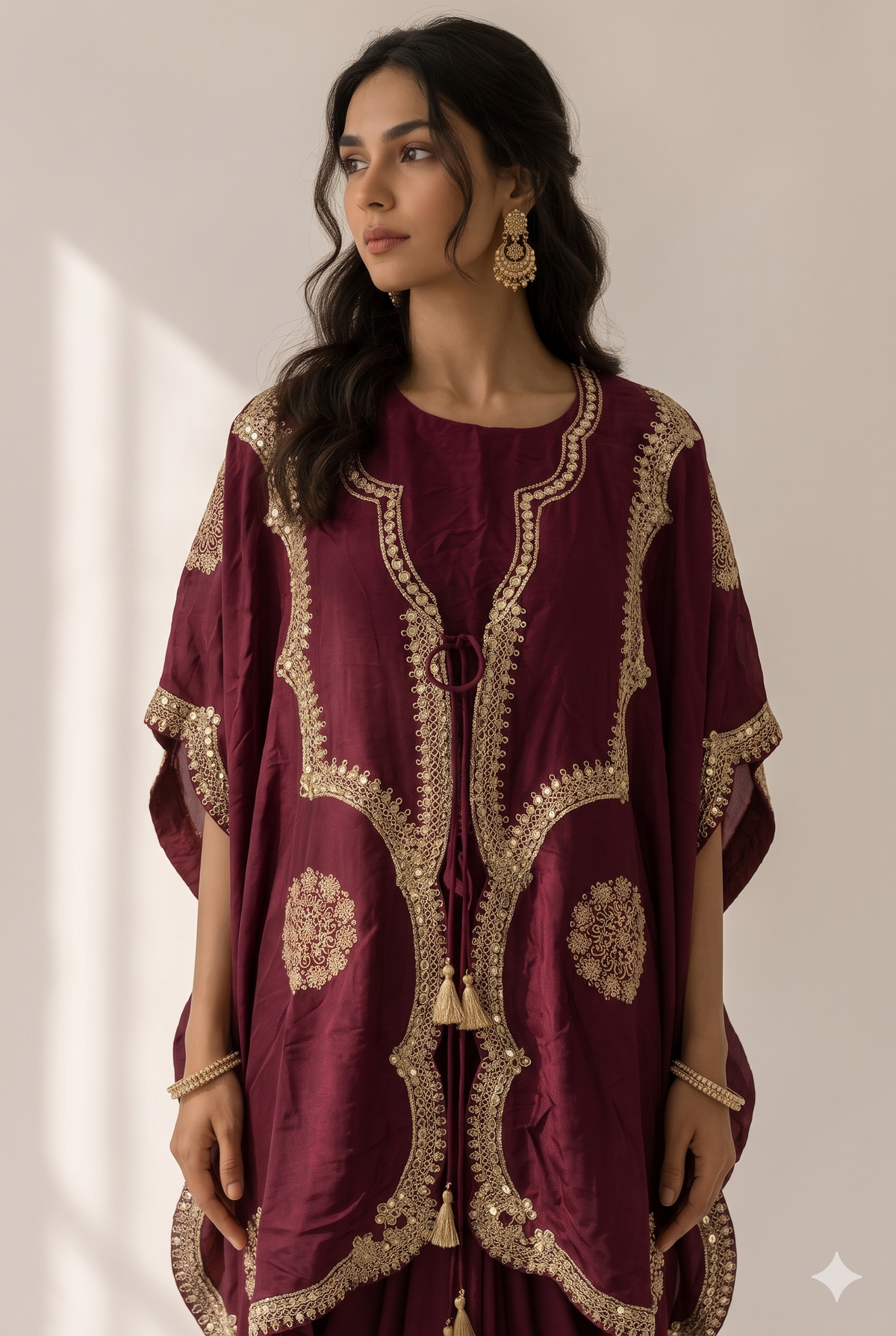 Rich Wine Embellished Raw Silk Skirt Set