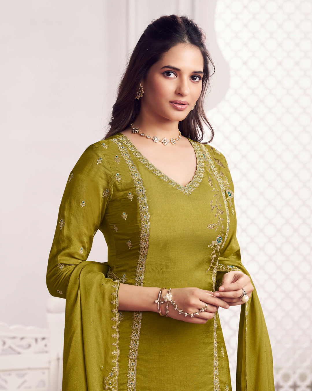 Sage Charm Embellished Dola Silk Pant Set