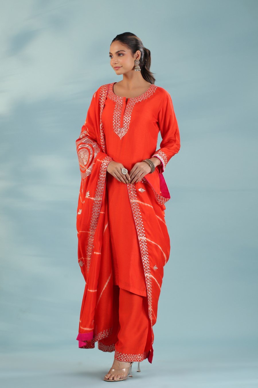 Orange Chanderi Silk Embroidered Kurta Palazzo Set