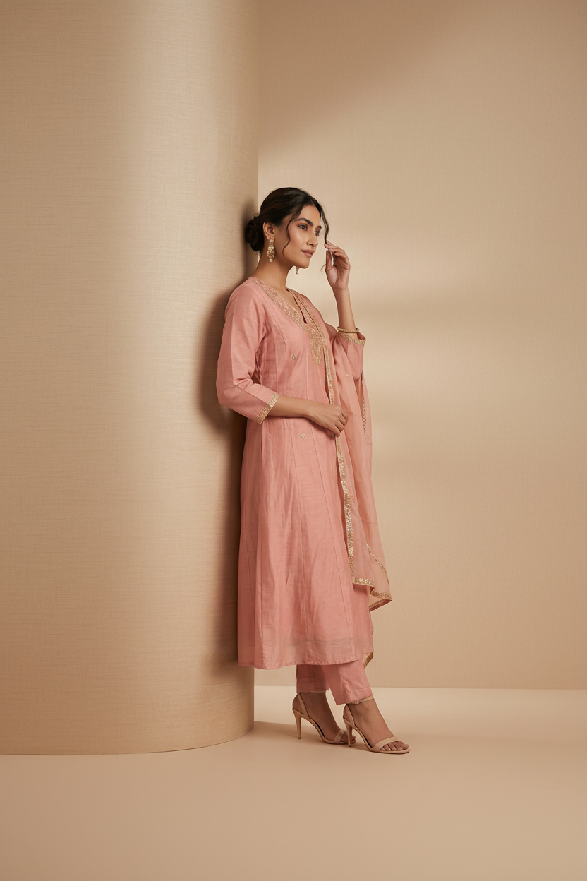 Dusty Pink Mul Chanderi Silk Suit Set