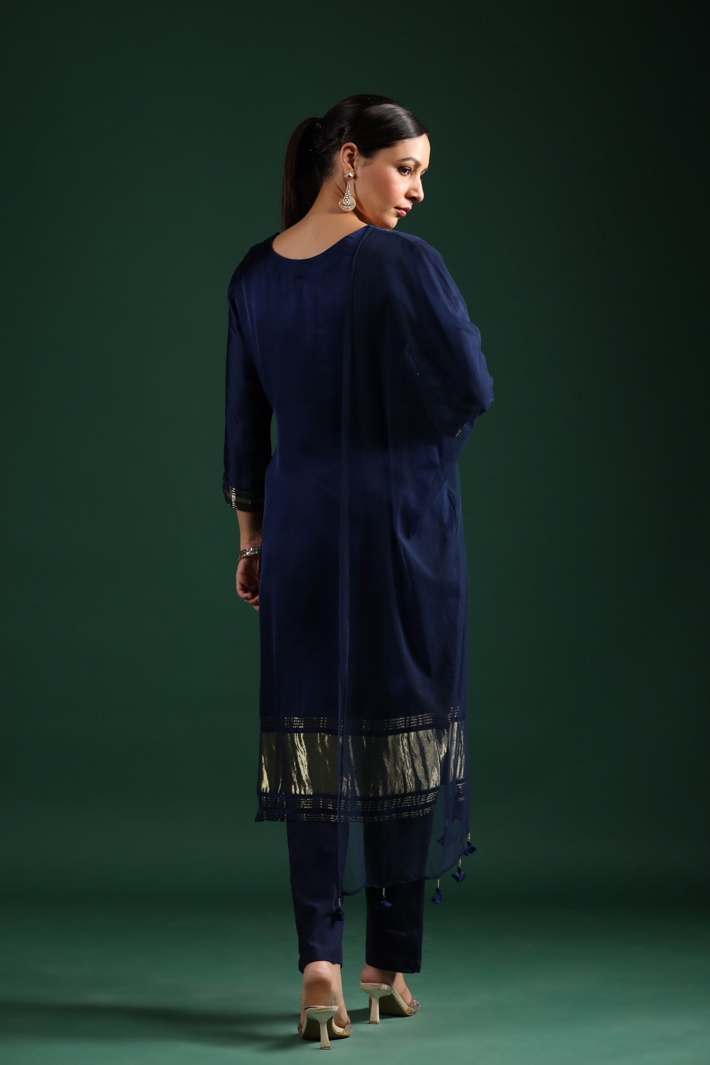 Deep Blue Zari Embroidered Gajji Silk Kurta Set