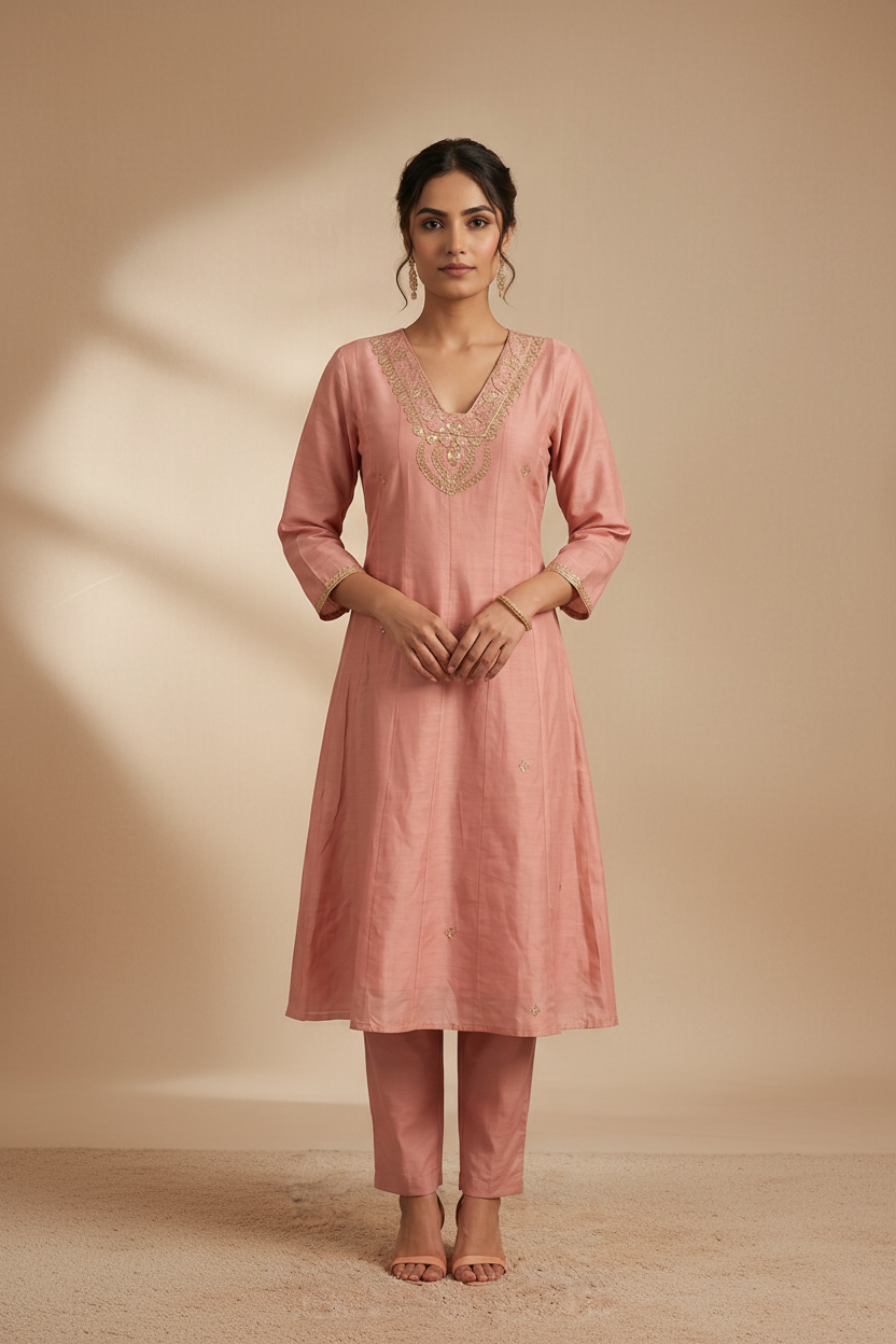 Dusty Pink Mul Chanderi Silk Suit Set