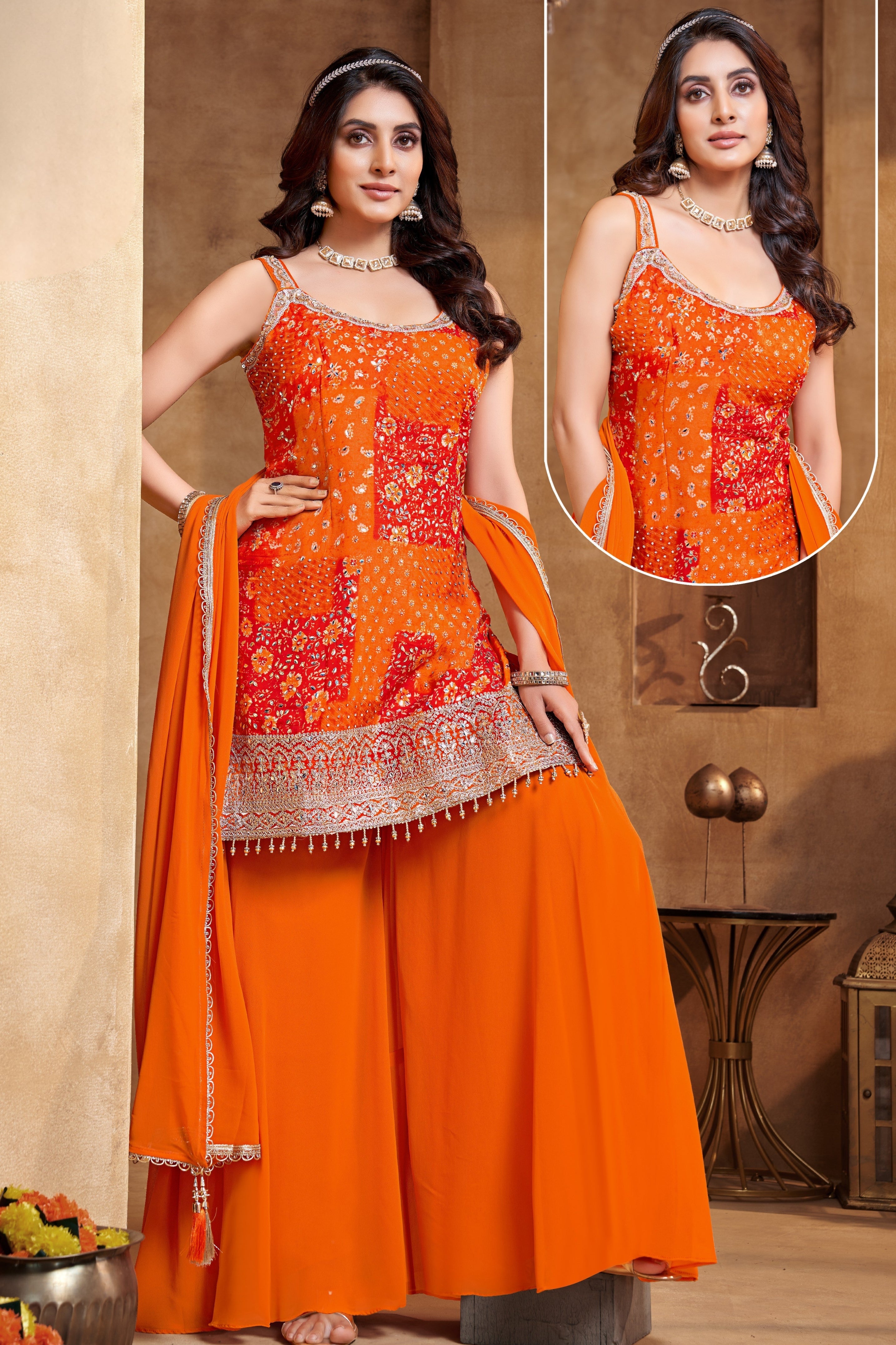 Bright Orange Embellished Georgette Silk Palazzo Set