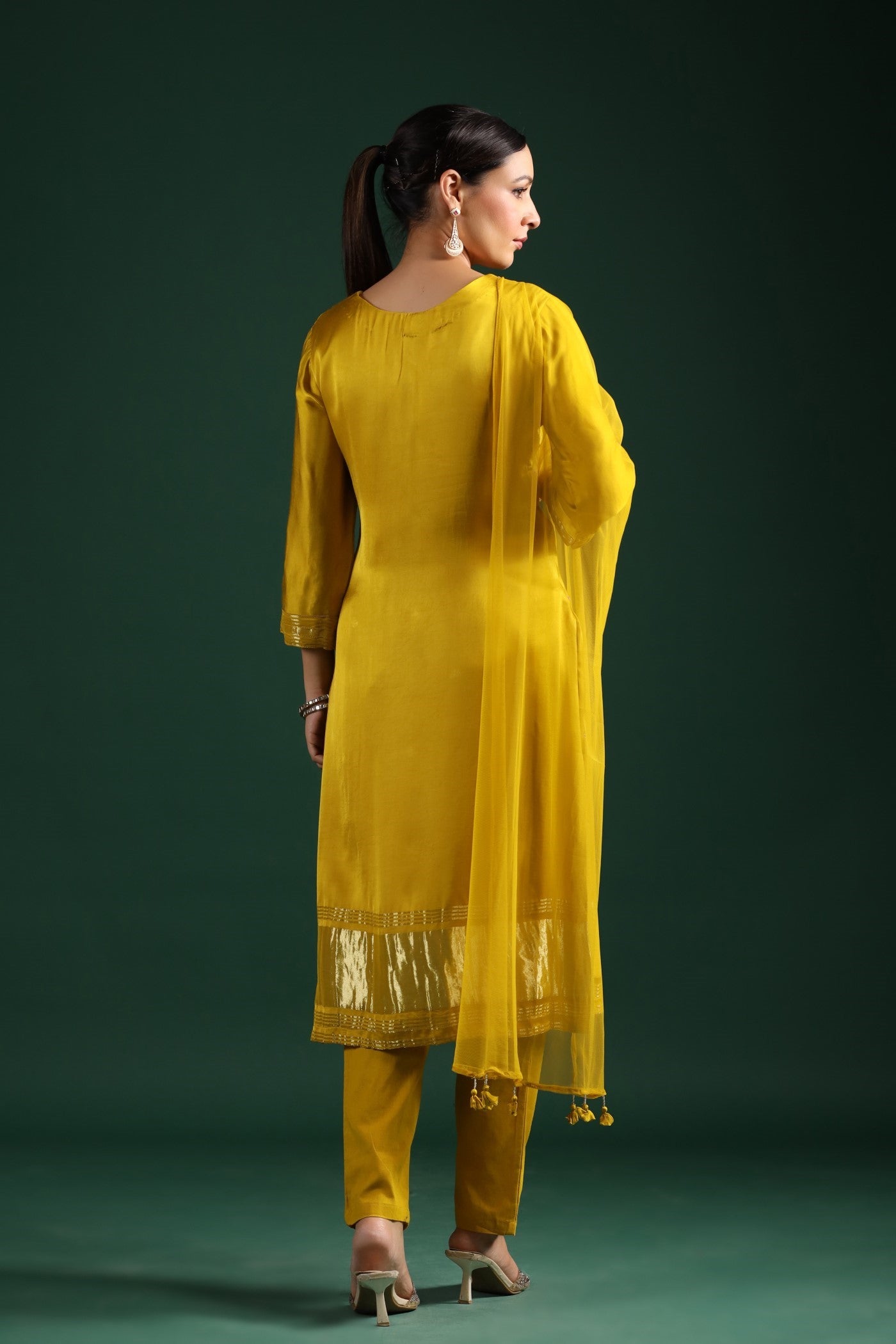 Yellow Zari Embroidered Gajji Silk Kurta Set