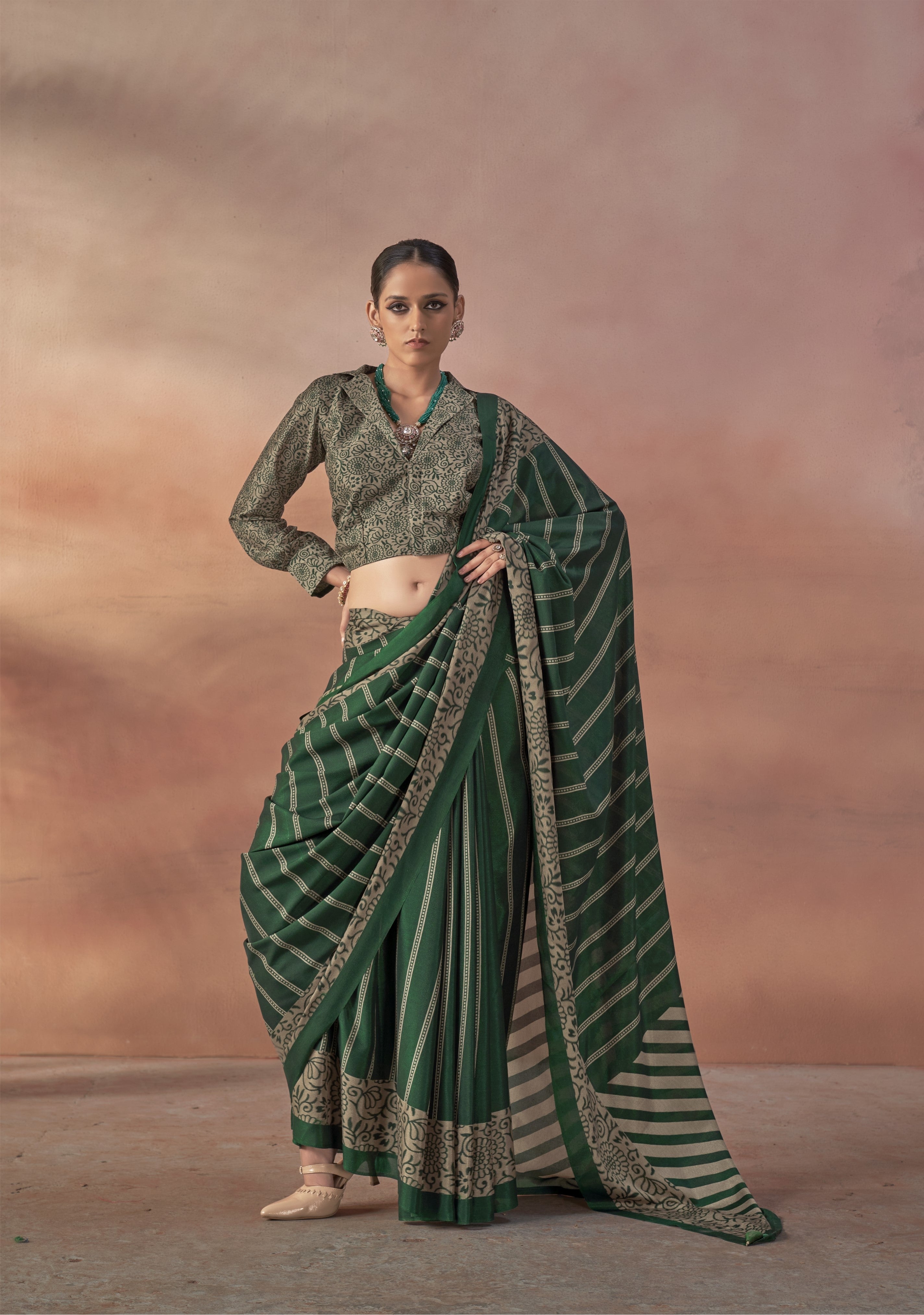 Emerald Green Printed Crepe Silk Saree
