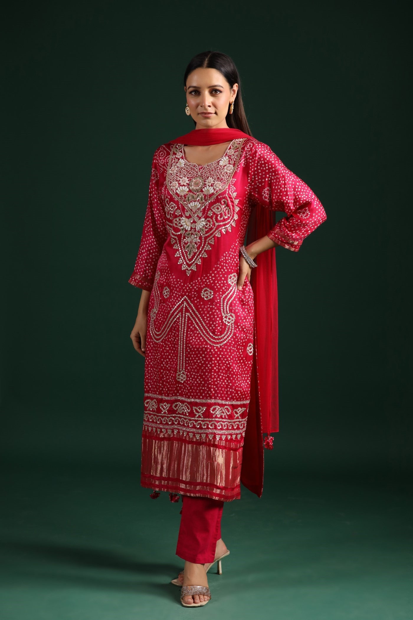 Festive Pink Bandhani Embroidered Kurta Set