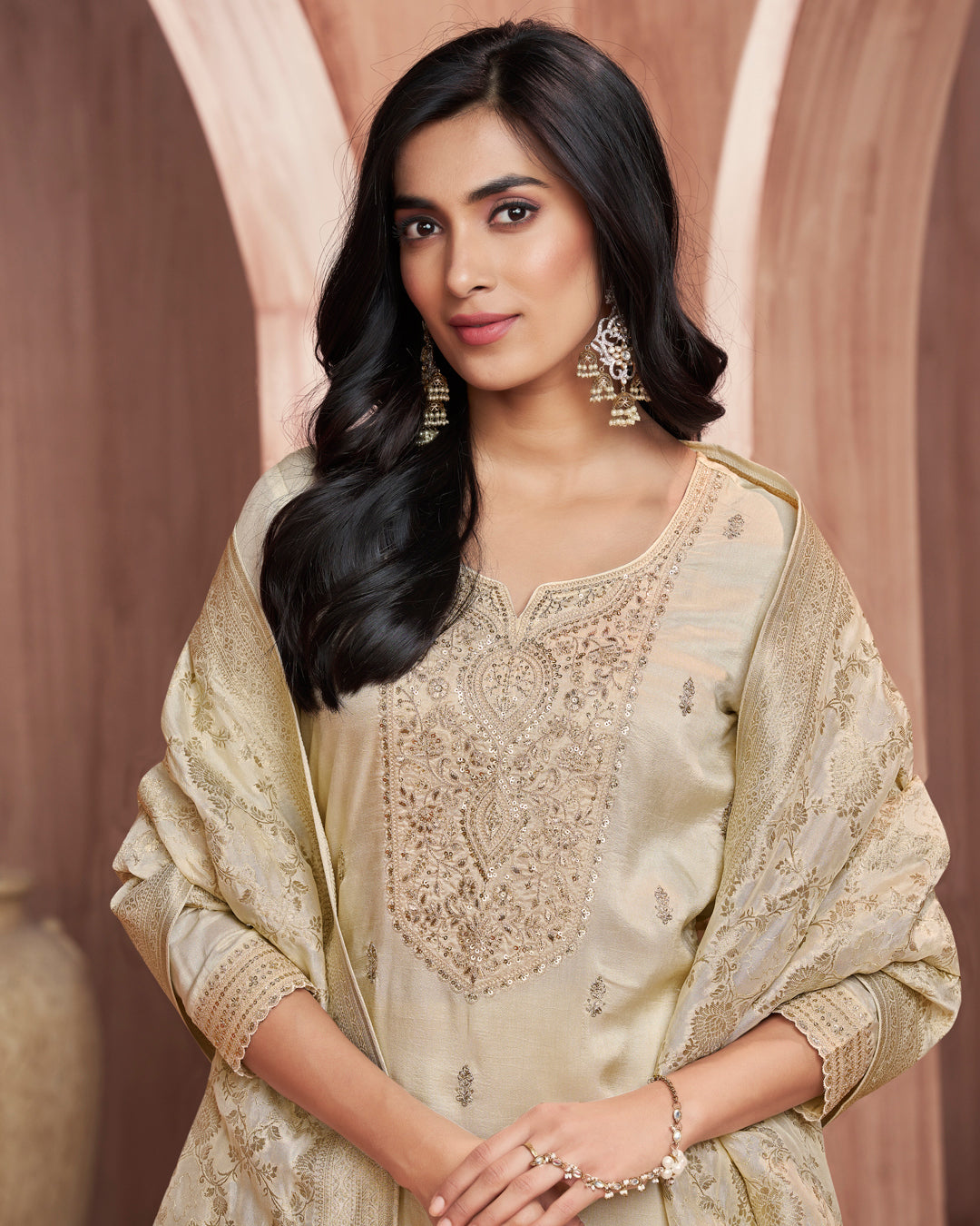 Champagne Allure Embellished Dola Silk Pant Set