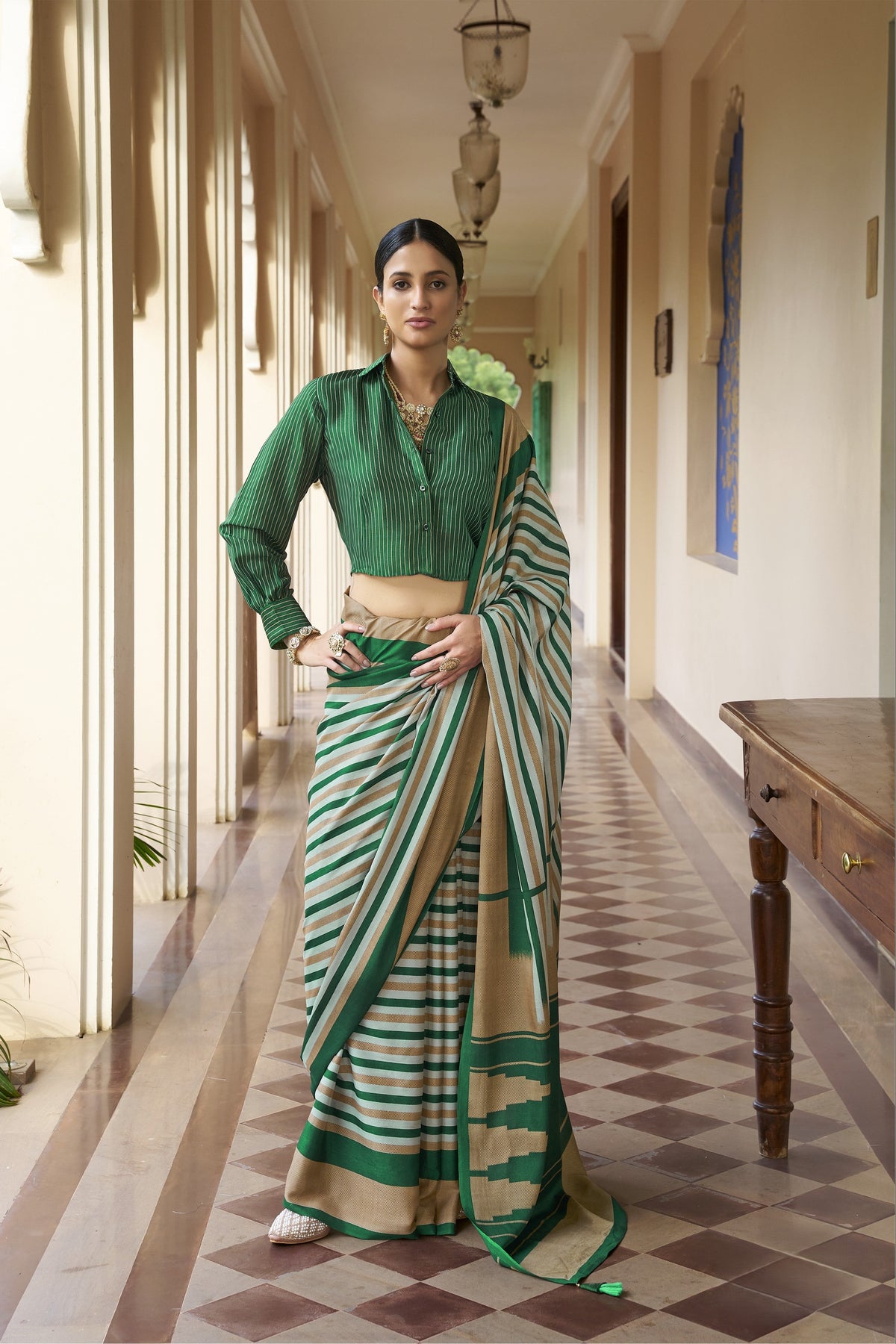 Emerald Green Printed Crepe Silk Saree
