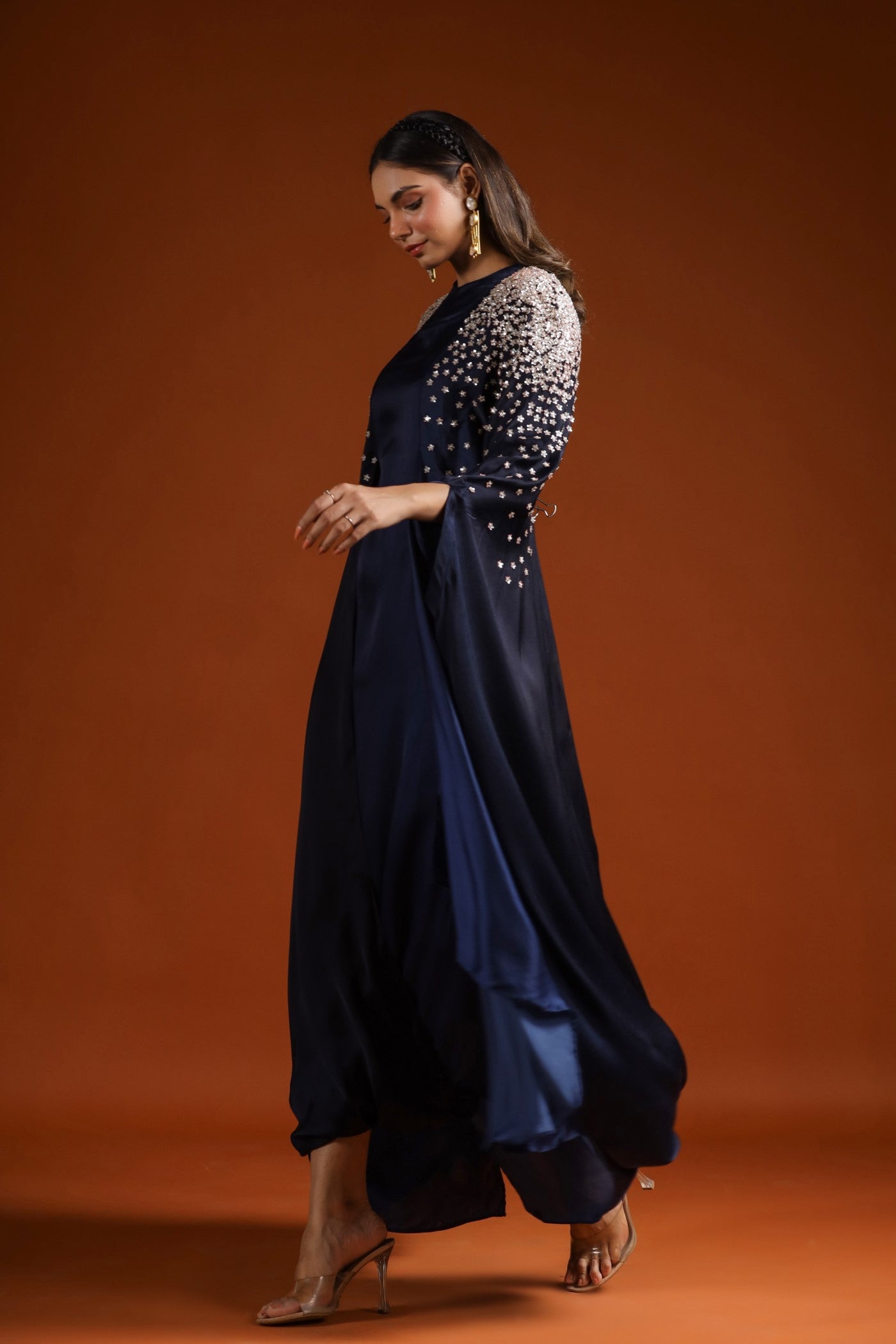 Navy Blue Embellished Draped Gown