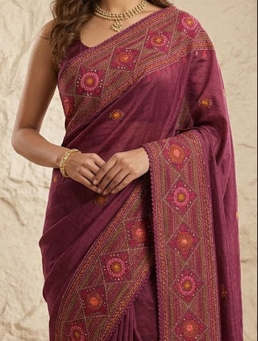 Regal Magenta Kantha Pure Tussar Silk Saree
