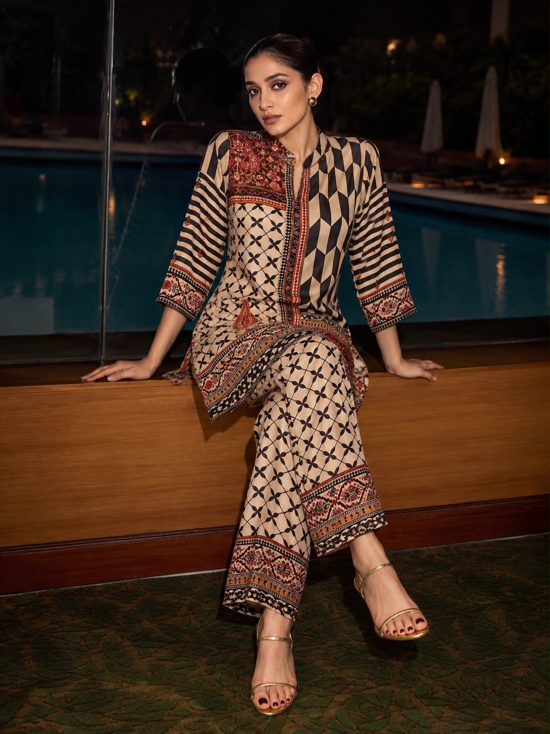 Beige Rust Printed Crepe Silk Co-Ord Set