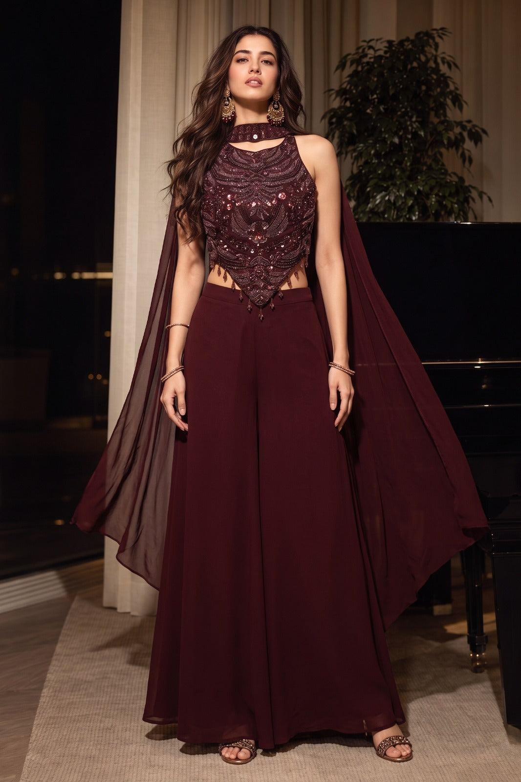Dark Chocolate Embellished Crepe Silk Palazzo Set