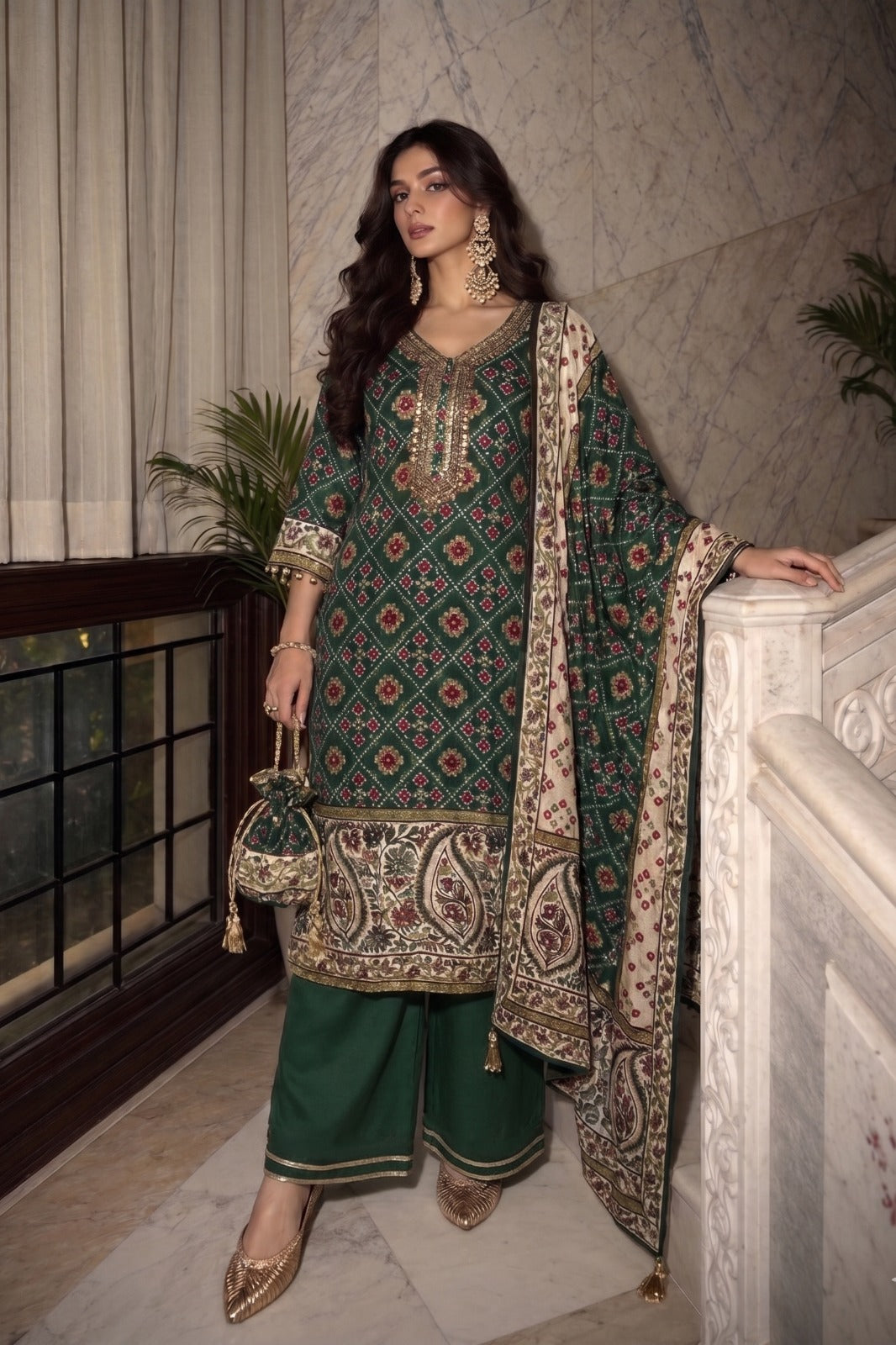 Emerald Green Embellished Premium Crepe Silk Pant Set
