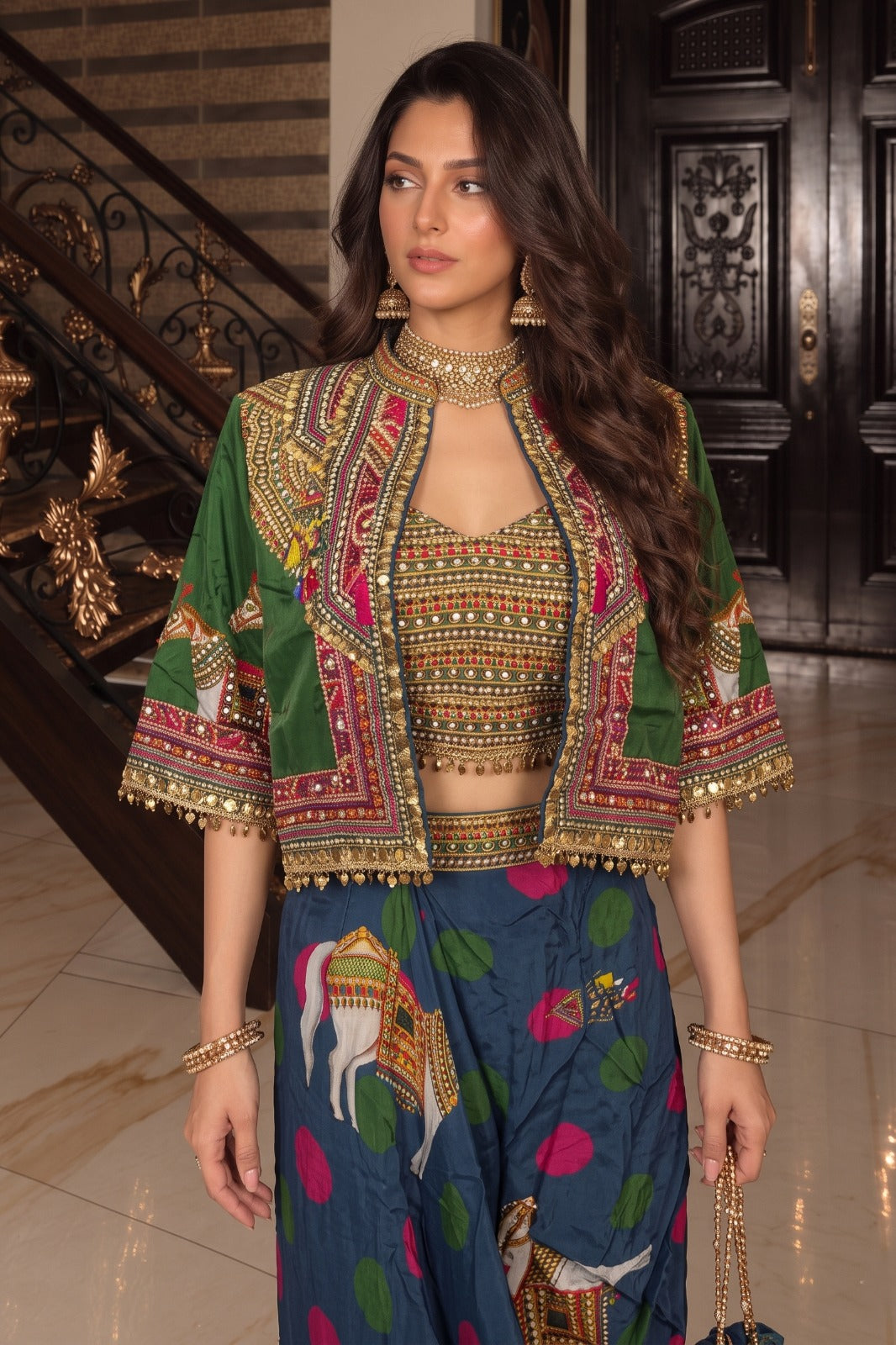Multi Navy Embellished Crepe Silk Skirt Set