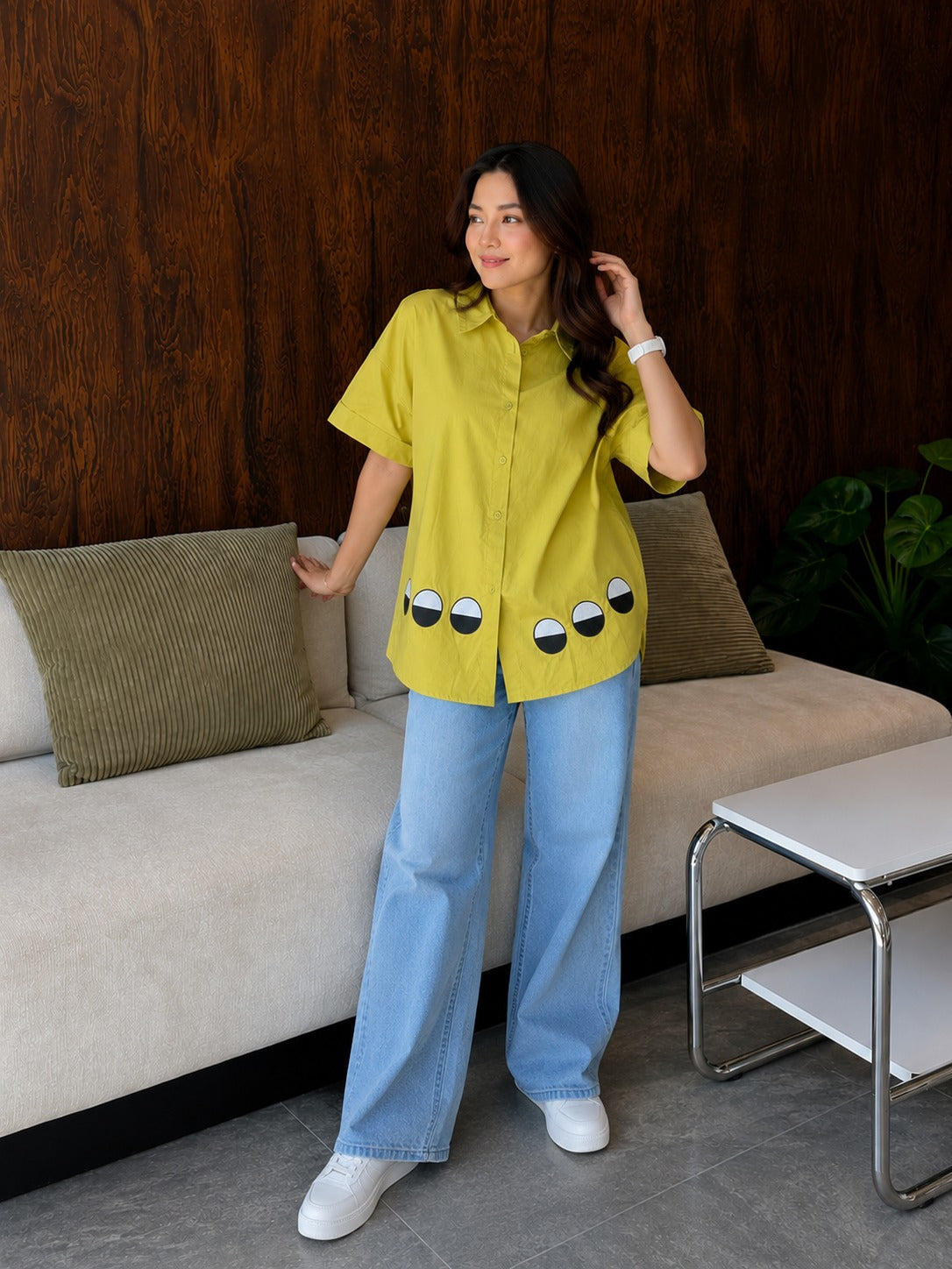 Chartreuse Green Graphic Applique Cotton Shirt