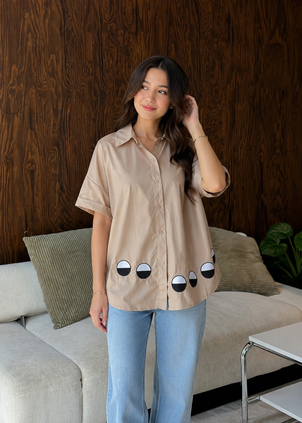 Khaki Beige Graphic Applique Cotton Shirt