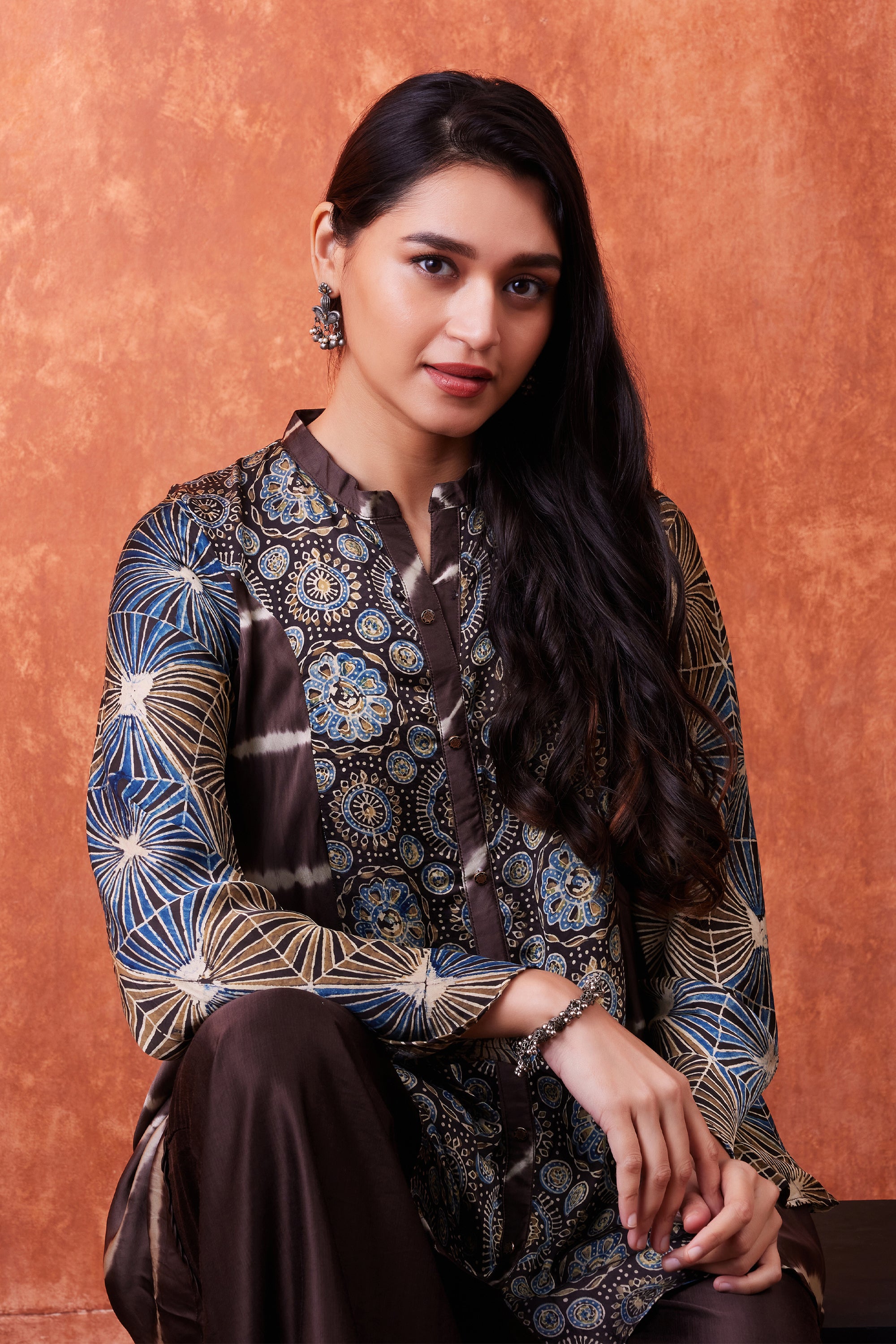 Warm Brown Ajrakh Printed Habutai Silk Kurta Palazzo Set