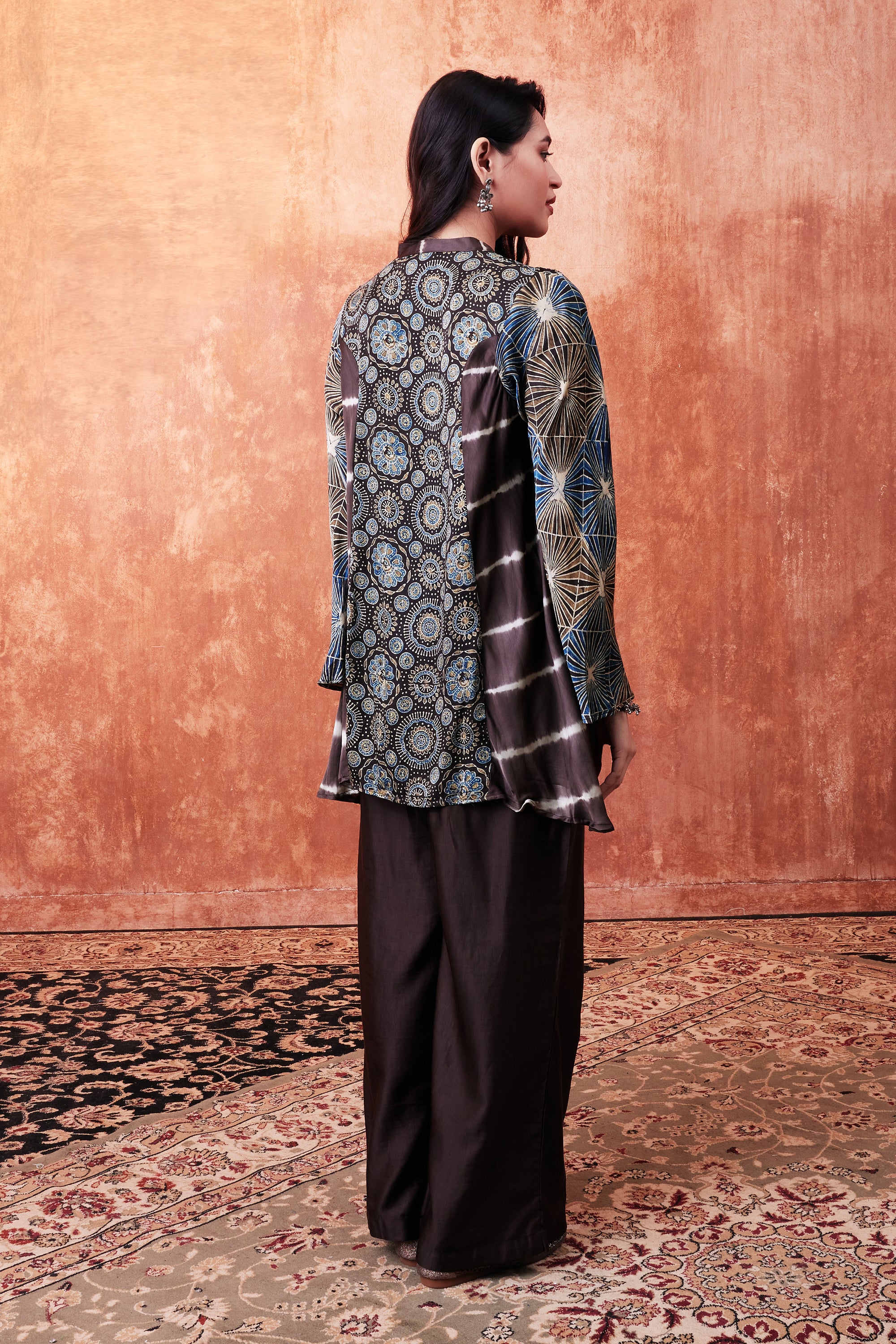 Warm Brown Ajrakh Printed Habutai Silk Kurta Palazzo Set