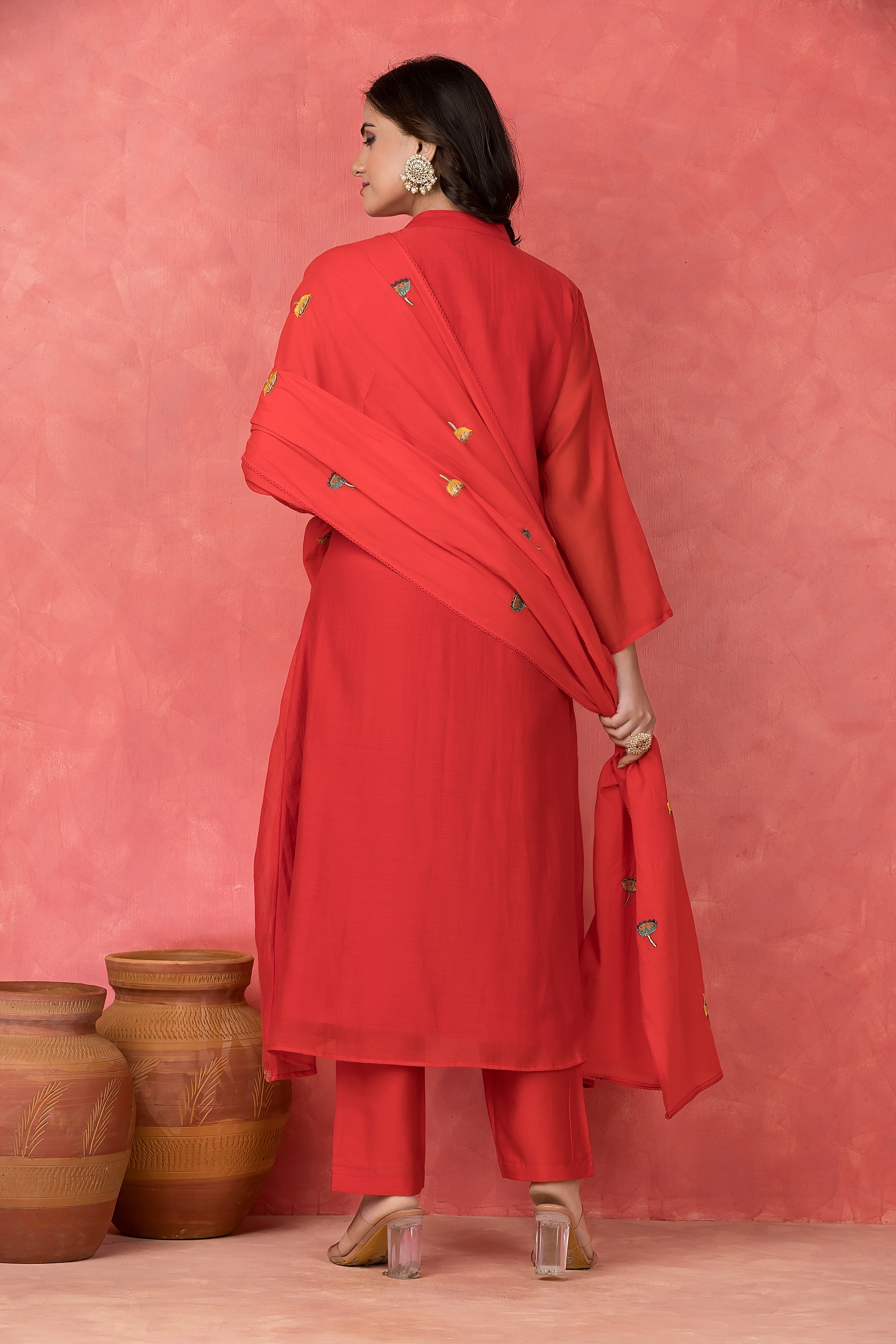 Scarlet Embroidered Mul Chanderi Silk Pant Set