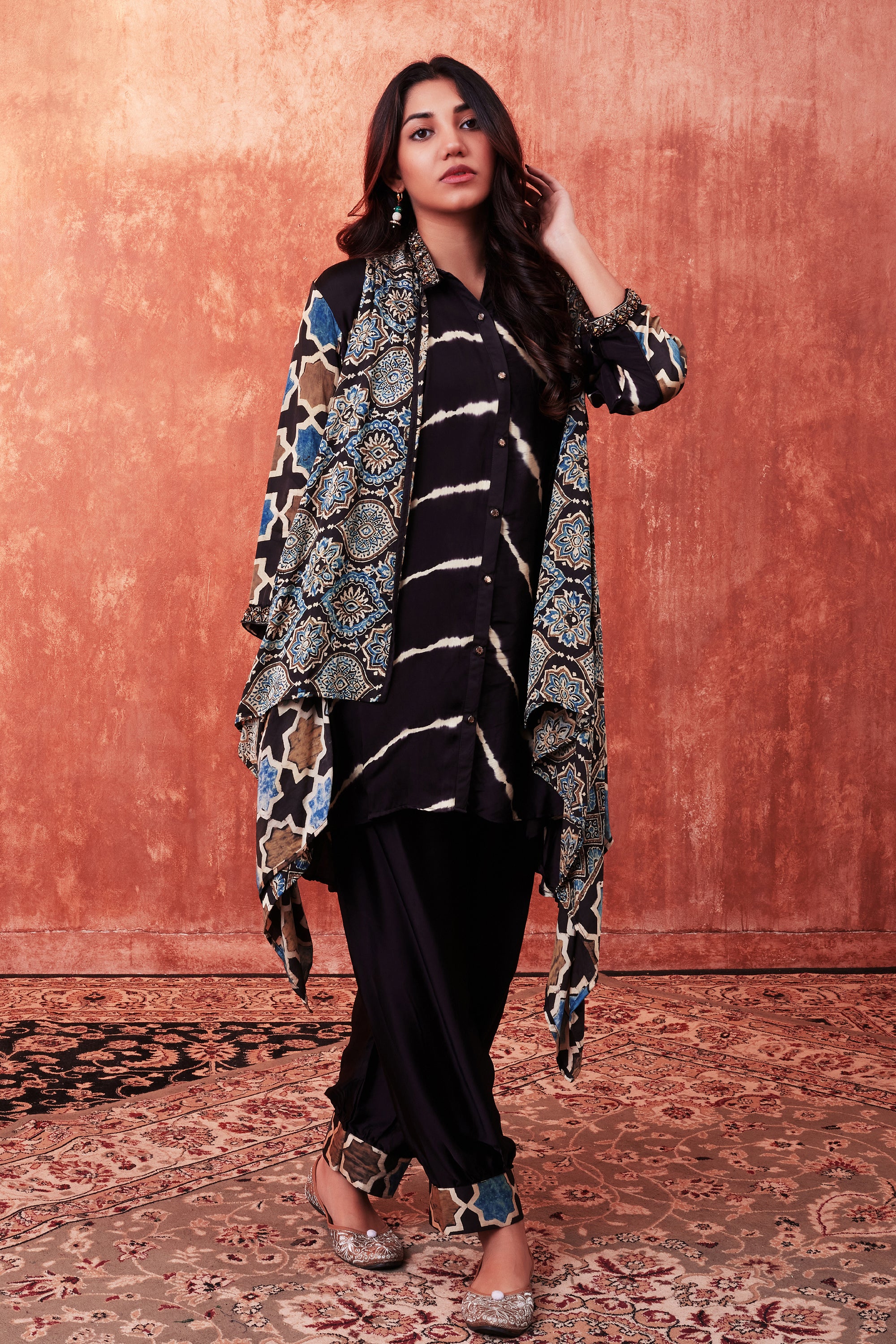Black Multicolor Ajrakh Printed Habutai Silk Cape Suit Set