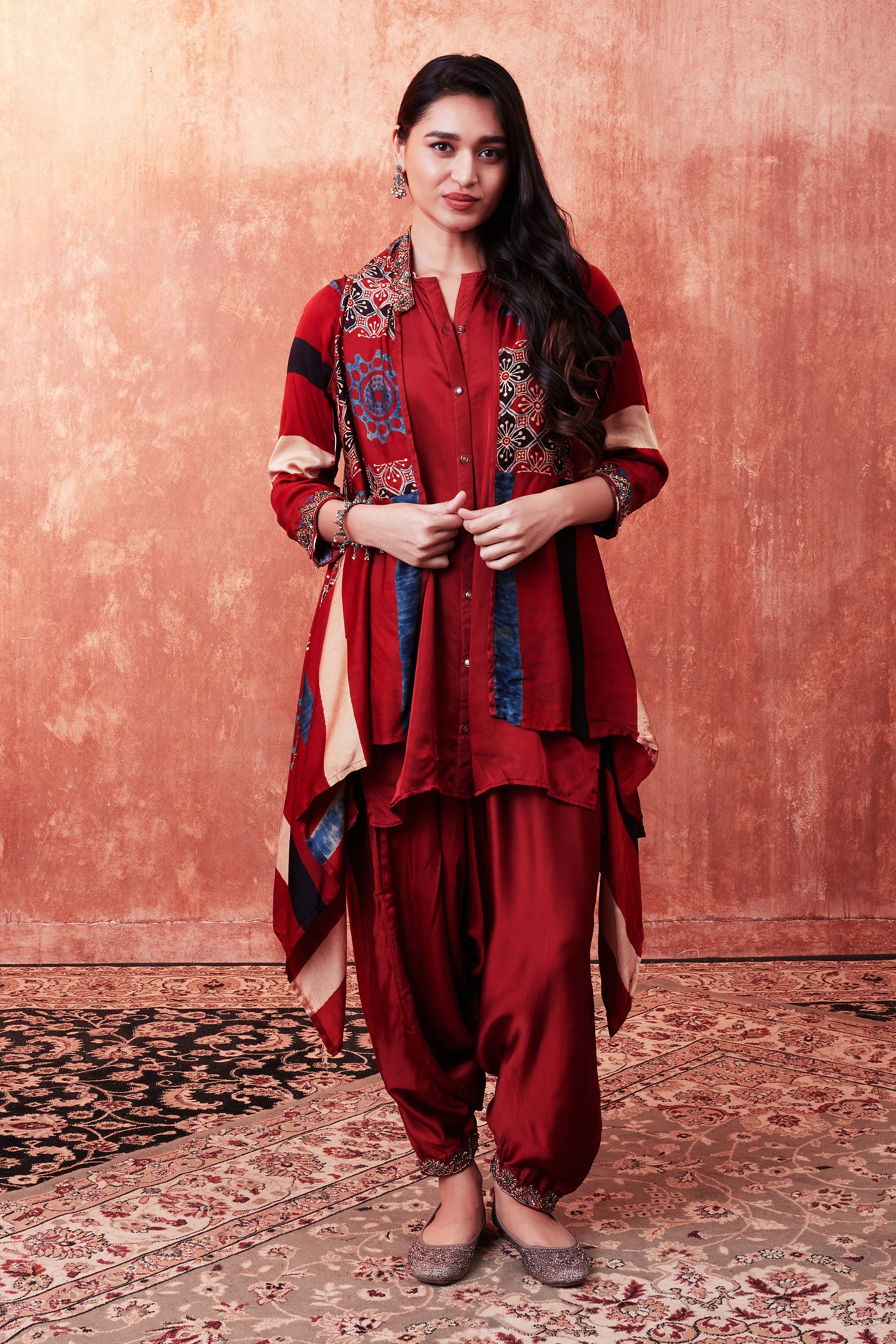 Ruby Red Ajrakh Printed Habutai Silk Cape Suit Set