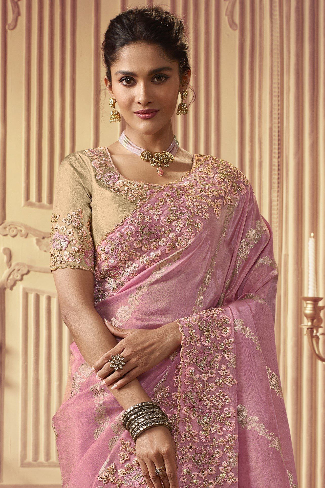 Grace in Pink Tissue Silk Saree