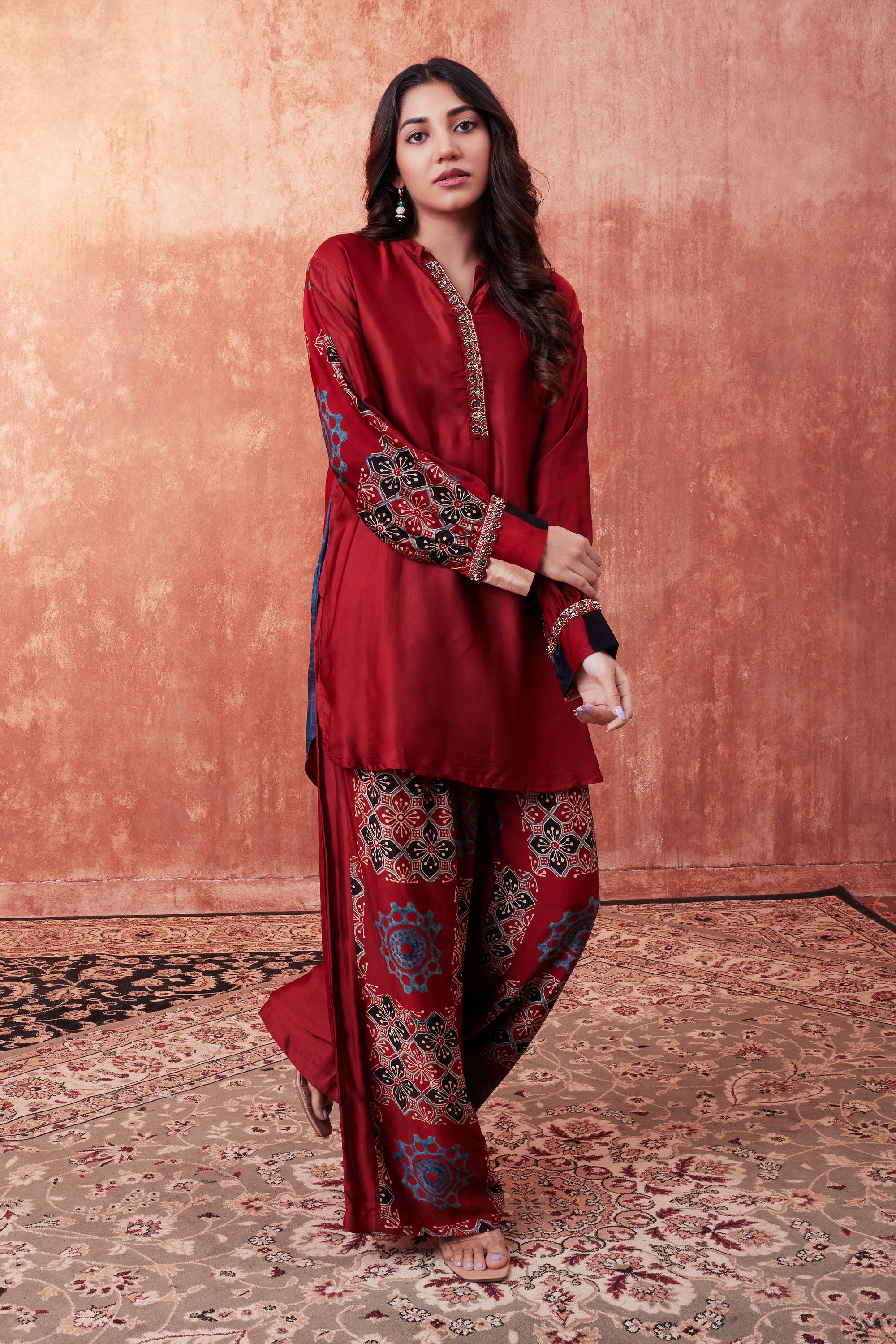 Red MultiColor Ajrakh Printed Habutai Silk Co-Ord Set