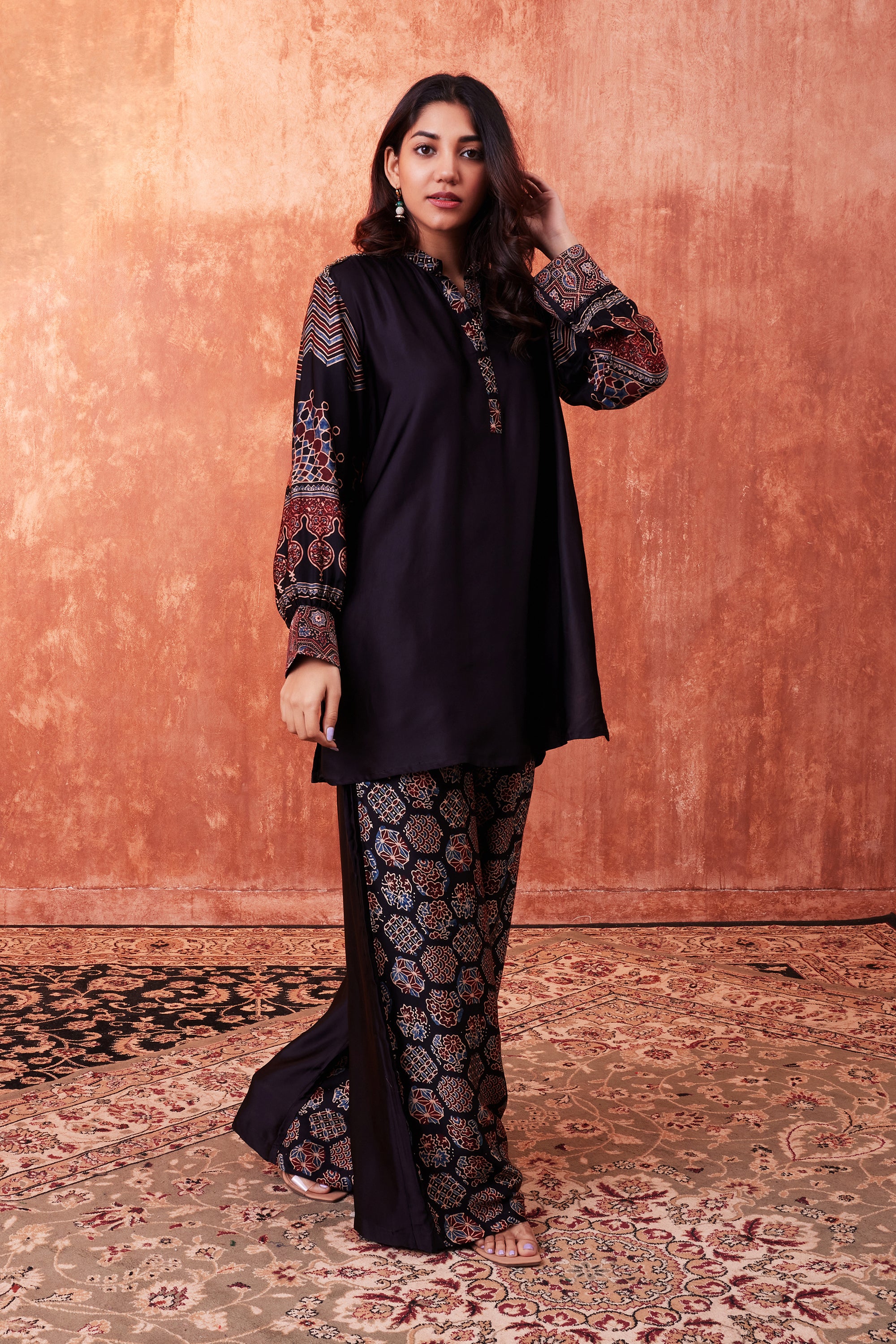 Warm Black Ajrakh Printed Habutai Silk Co-Ord Set
