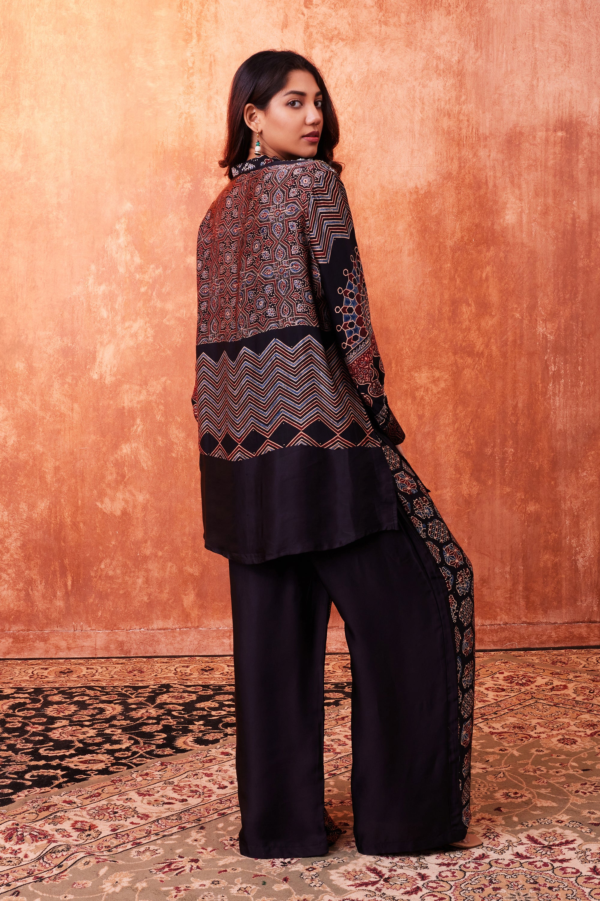 Warm Black Ajrakh Printed Habutai Silk Co-Ord Set