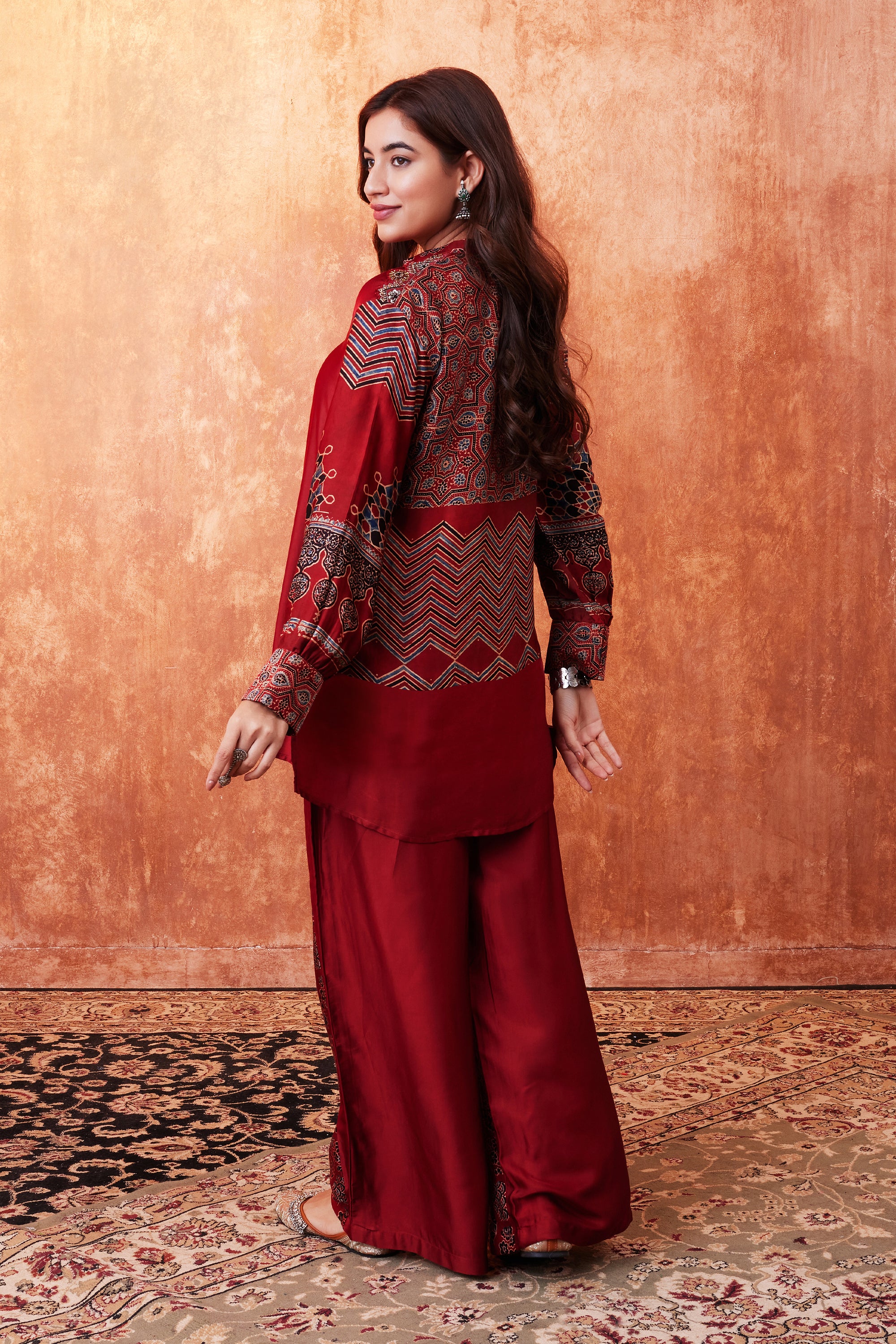 Deep Red Ajrakh Printed Habutai Silk Co-Ord Set