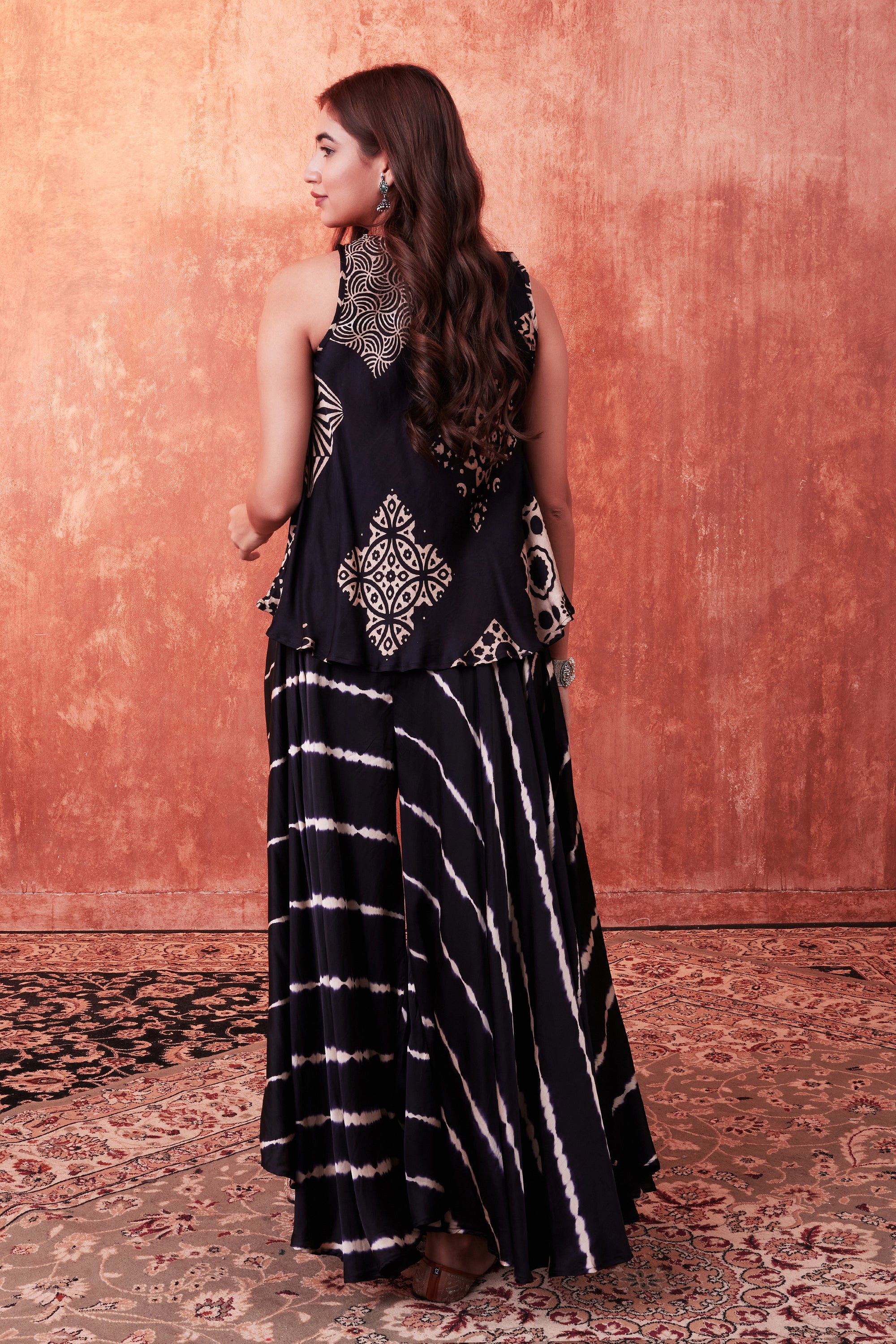 Warm Black Ajrakh Printed Habutai Silk Tunic & Palazzo Set