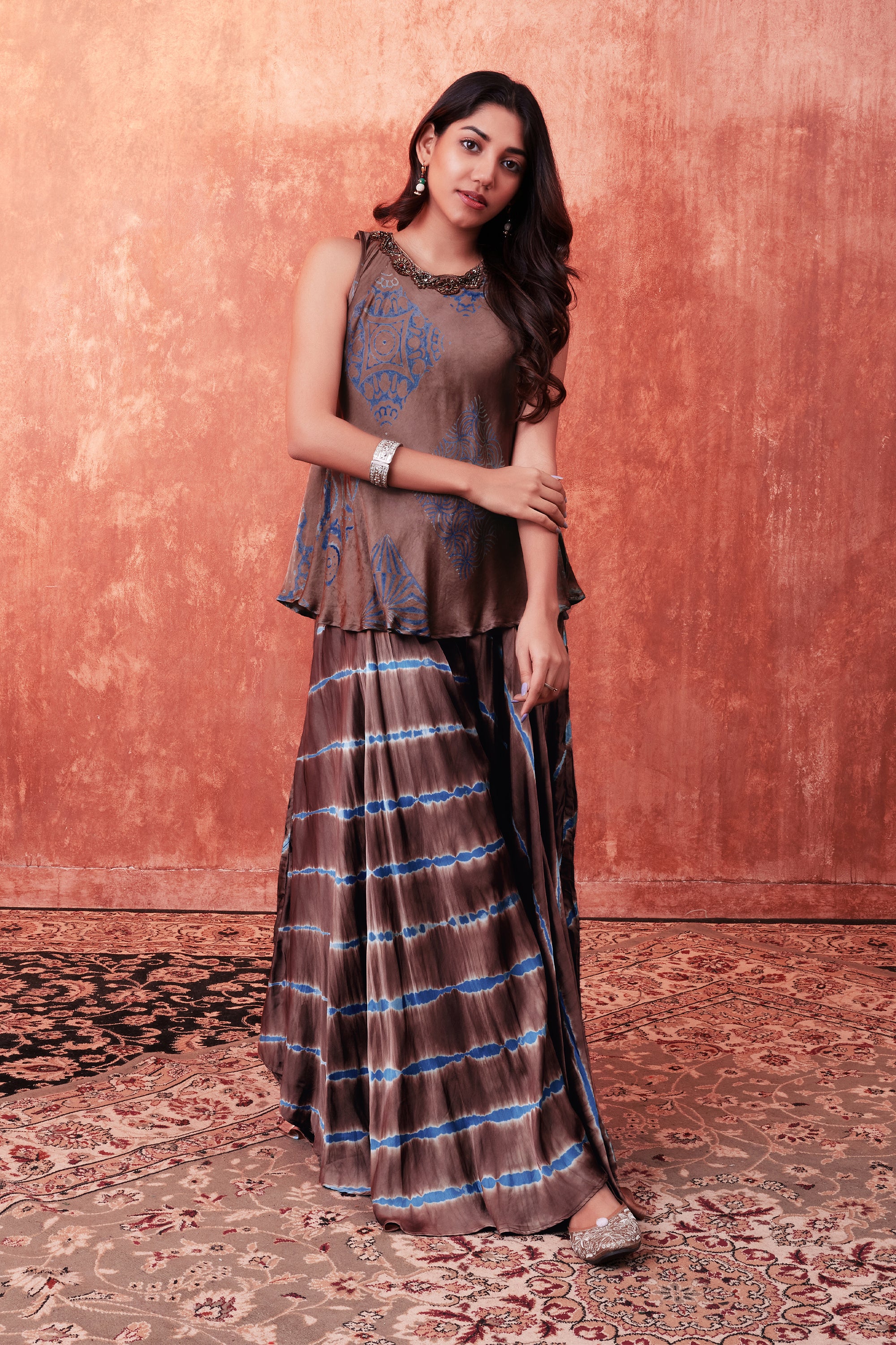 Warm Brown Ajrakh Printed Habutai Silk Tunic & Palazzo Set