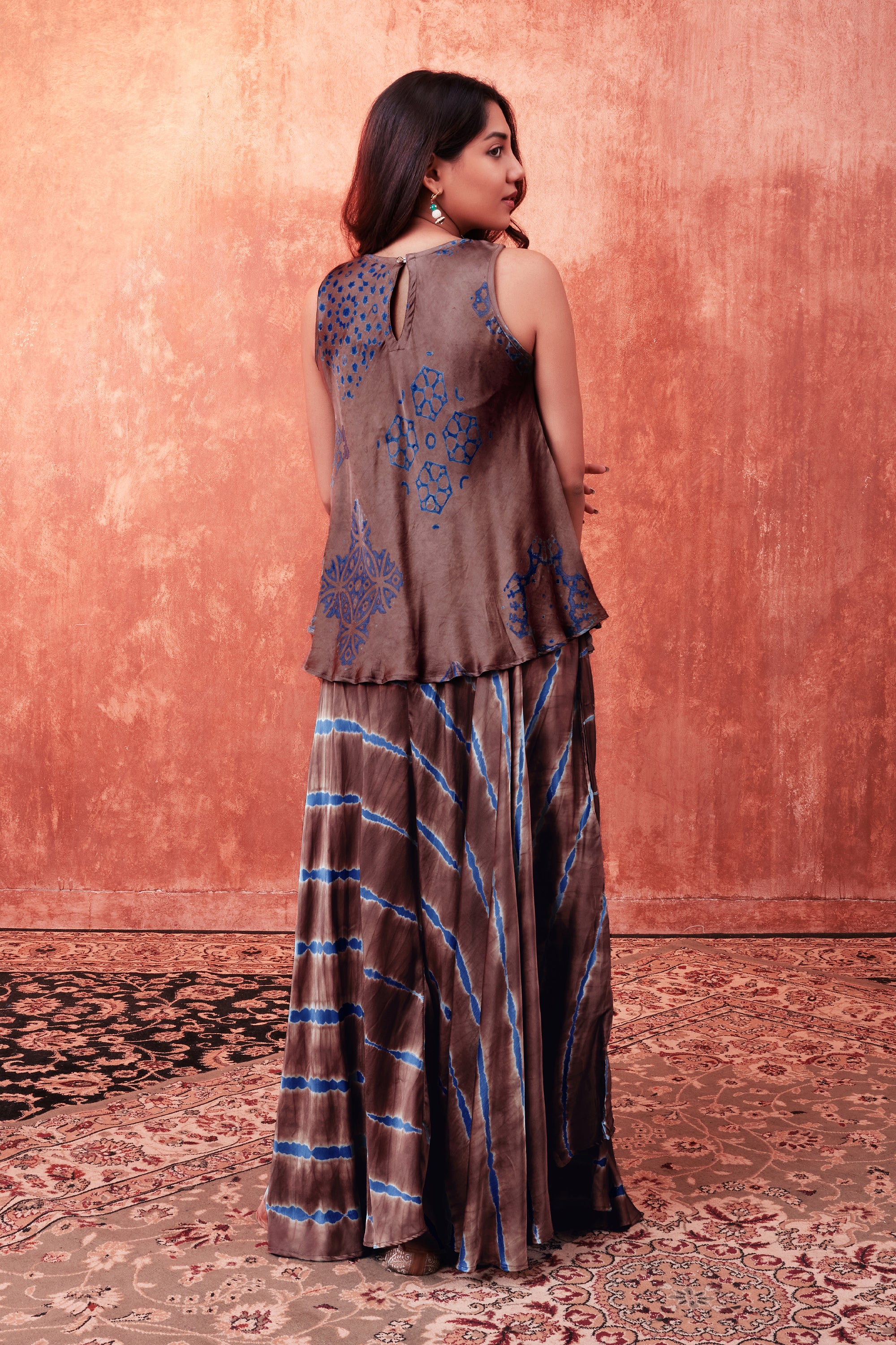 Warm Brown Ajrakh Printed Habutai Silk Tunic & Palazzo Set